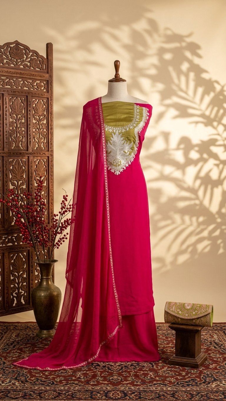 Fuchsia Pink Crape Kashmiri Suit with Clutch