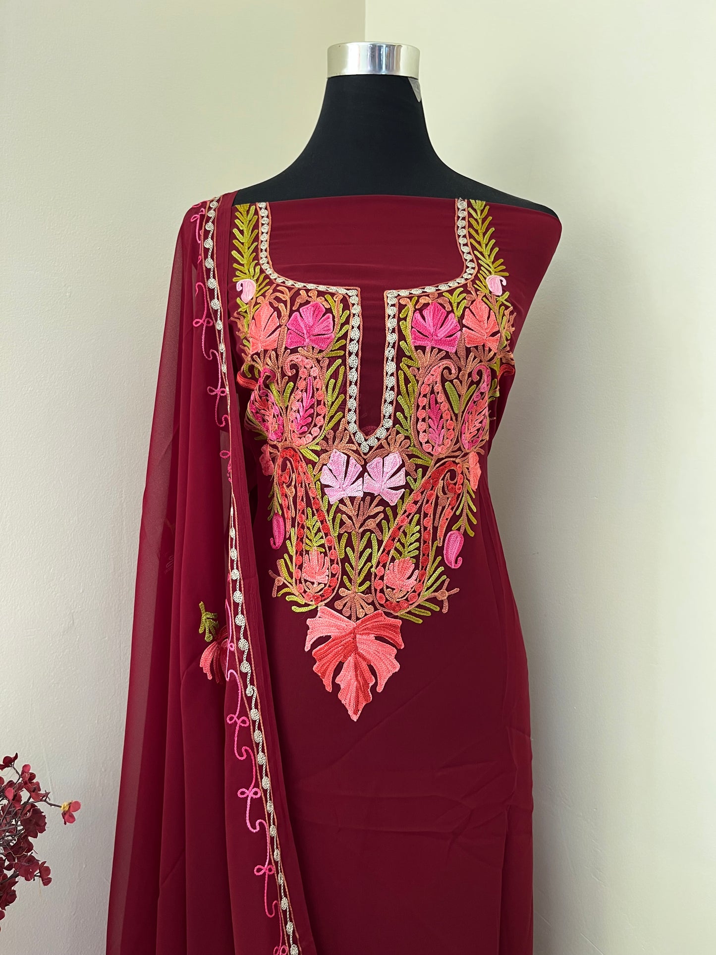 Maroon Georgette Shirt and Dupatta Aari Embroidered Suit