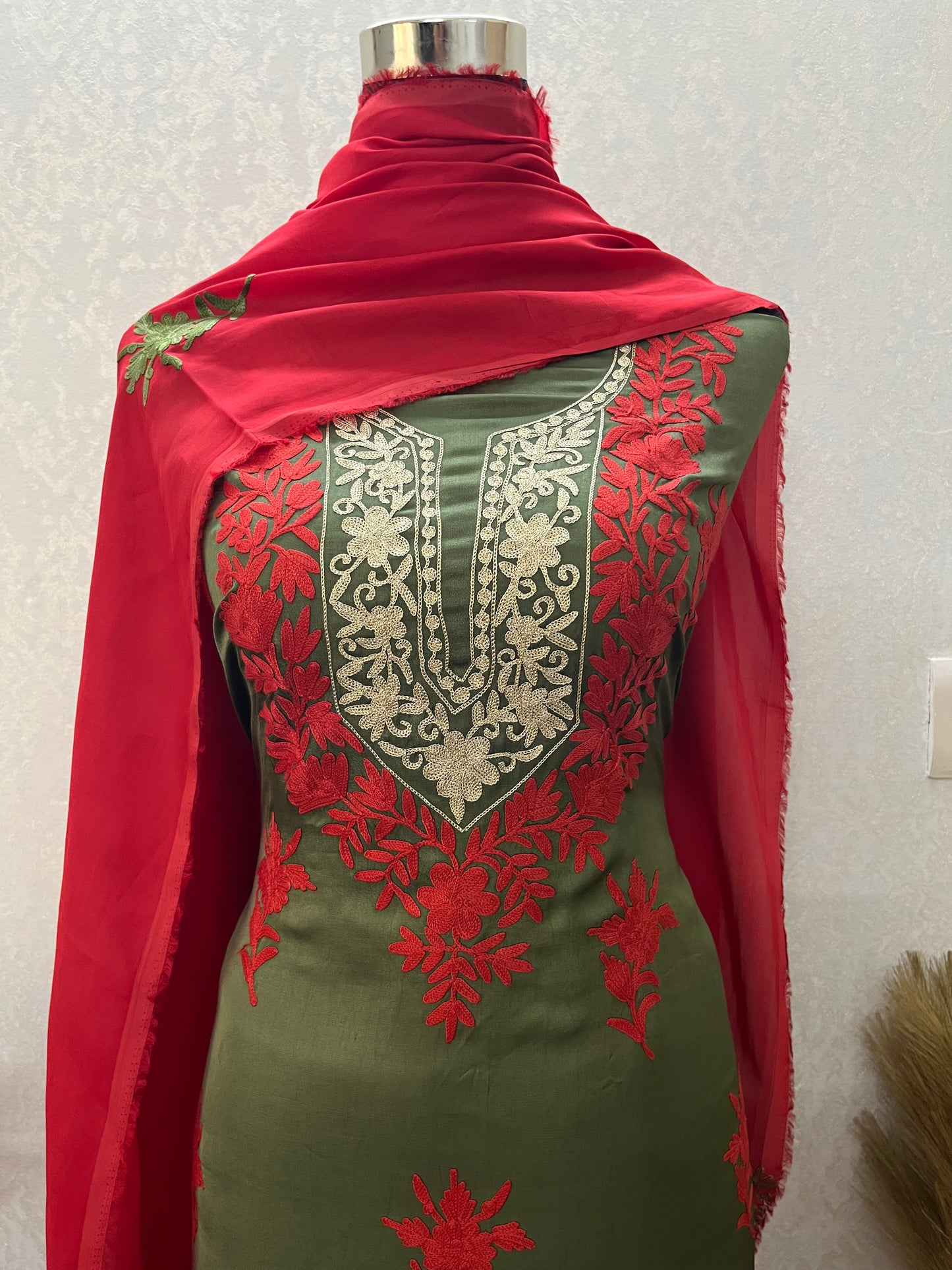 Heena green Satin Cotton Kashmiri Suit
