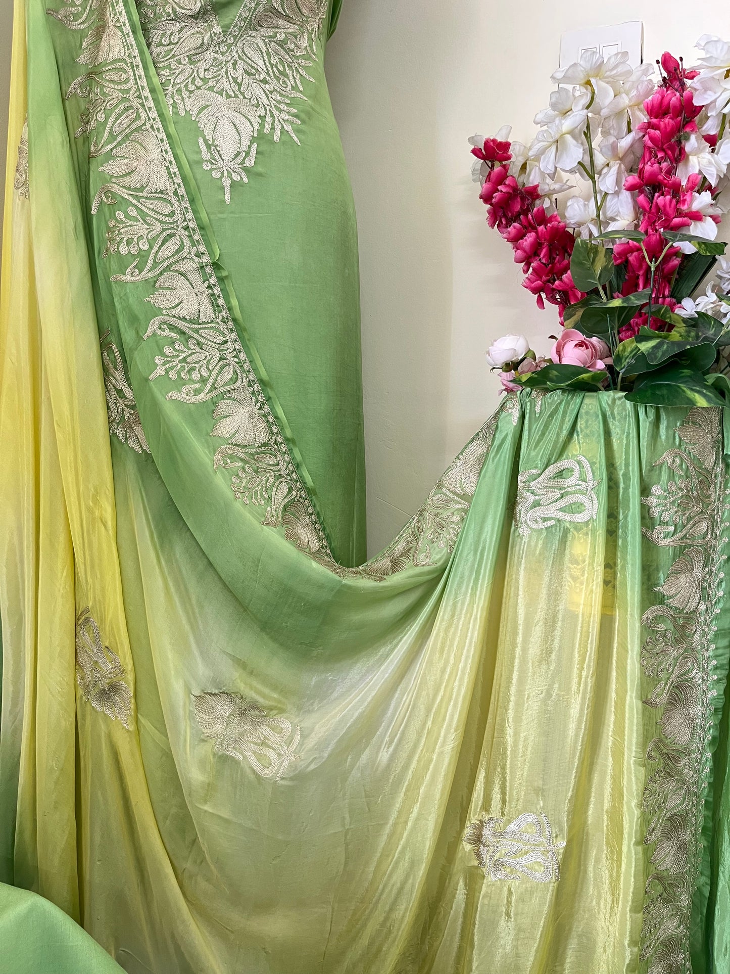 Sanam Pista Green Silk Kashmiri Suit