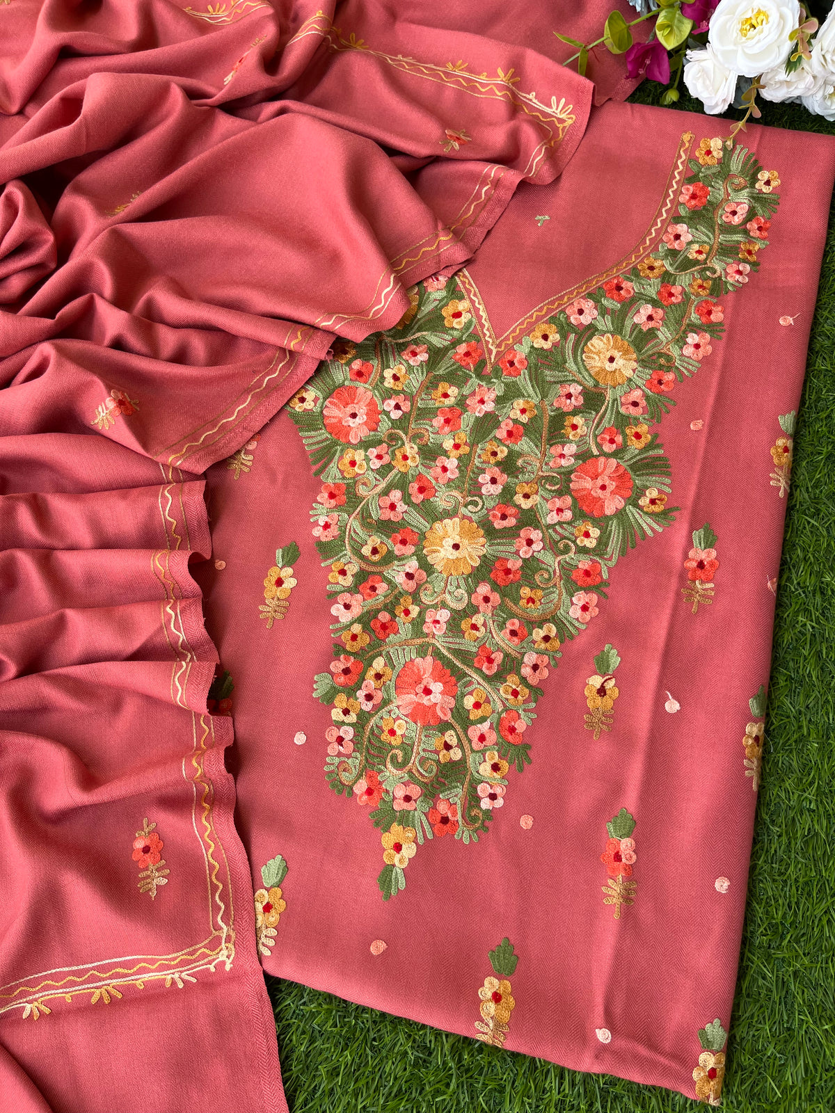 Pink Woollen Aari Embroidered 3pc suit