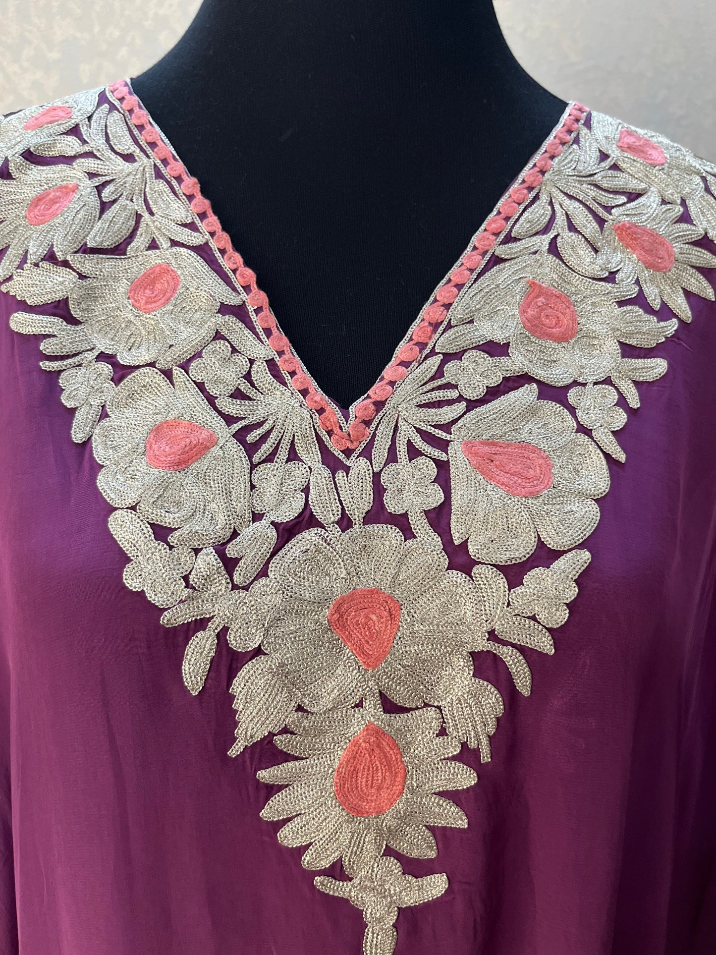 Wine Crape Kashmiri Kaftan Set size