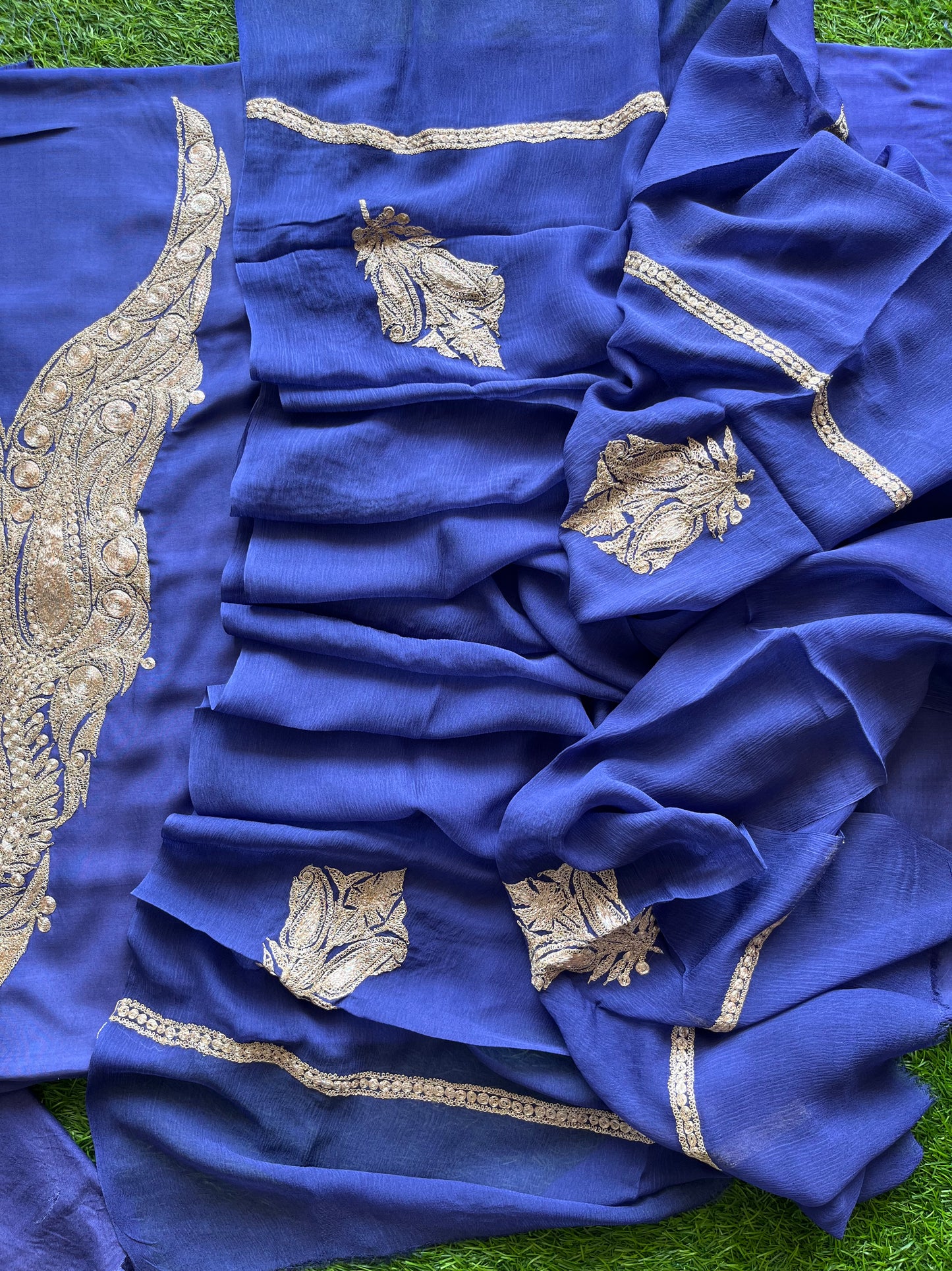 ‘Kalaa’ Blue Muslin Silk Tilla Embroidered Suit material