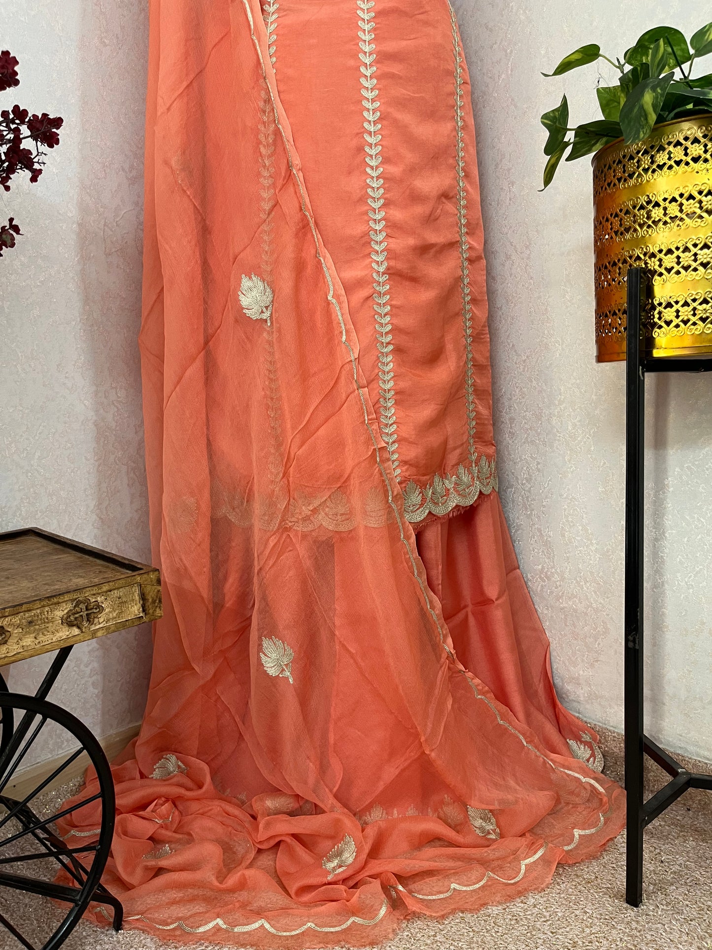 Sanam’ Peach Silk Tilla Embroidered Suit material