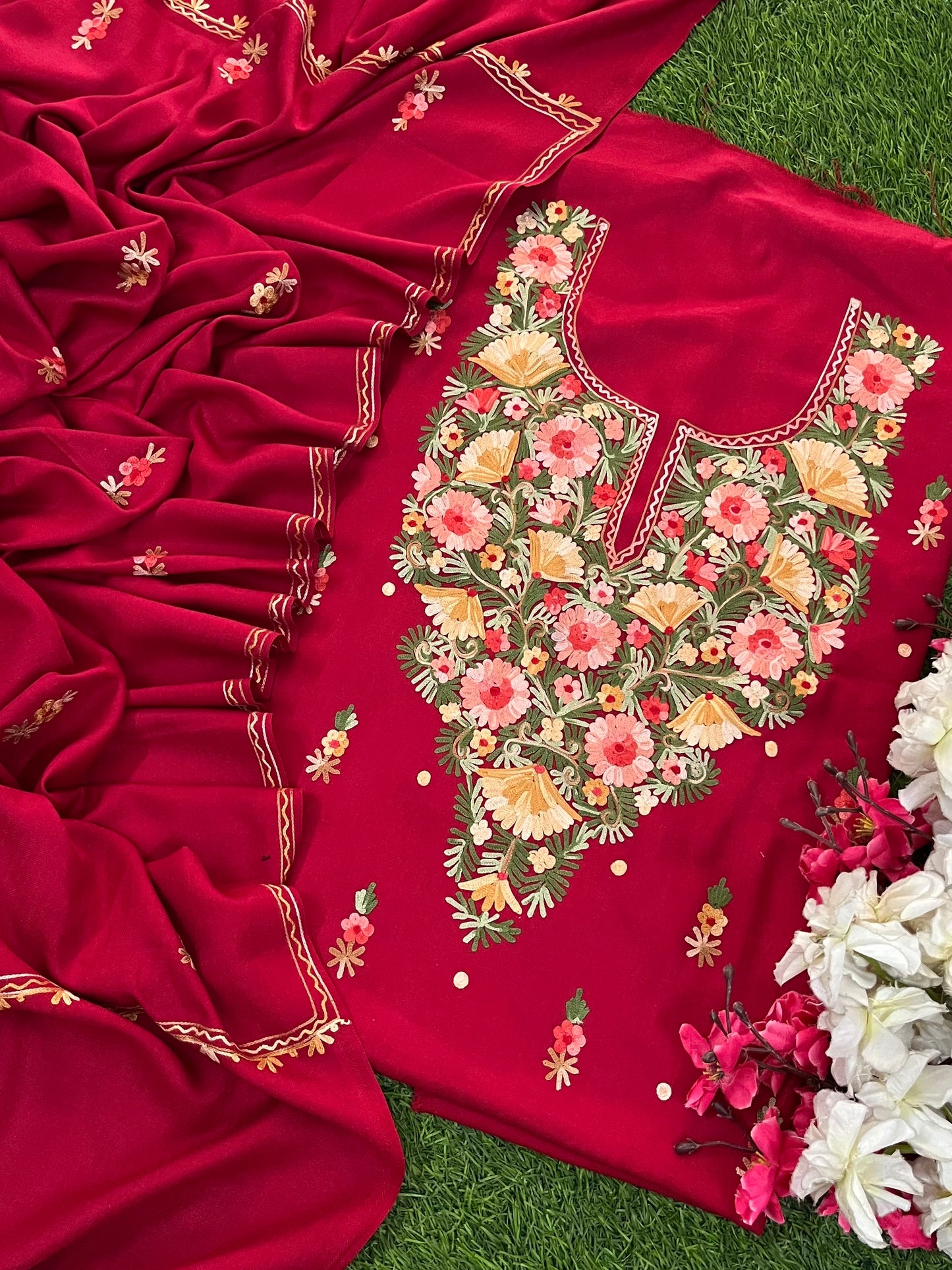 Maroon Woollen Aari Embroidered 3pc suit