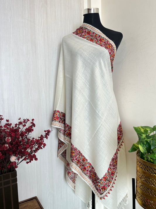 Cream Silk Thread Border Embroidered Fine Semi Pashmina stole