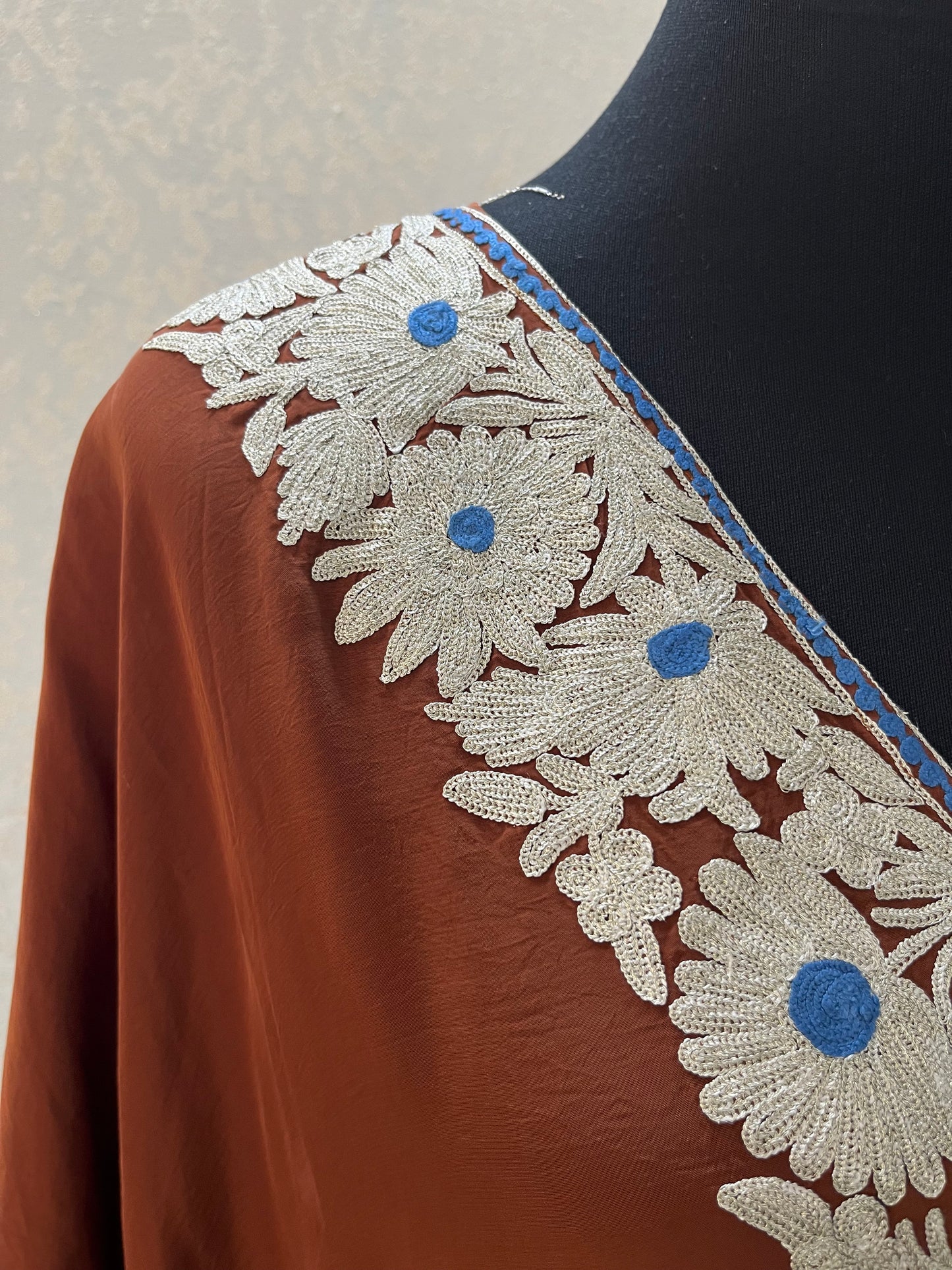 Brown Crape Kashmiri Kaftan Set