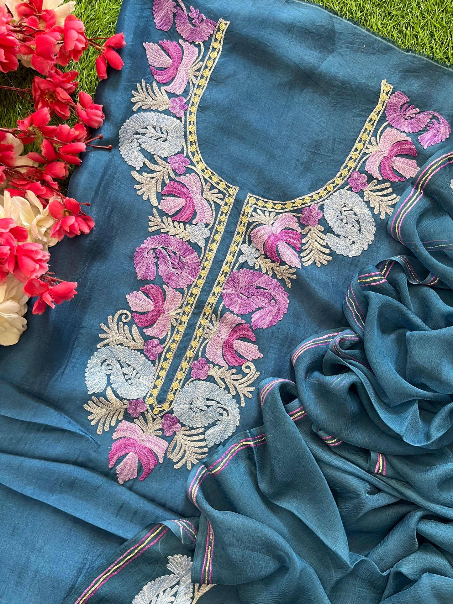 Blue Opada Silk Aari Embroidered Suit material