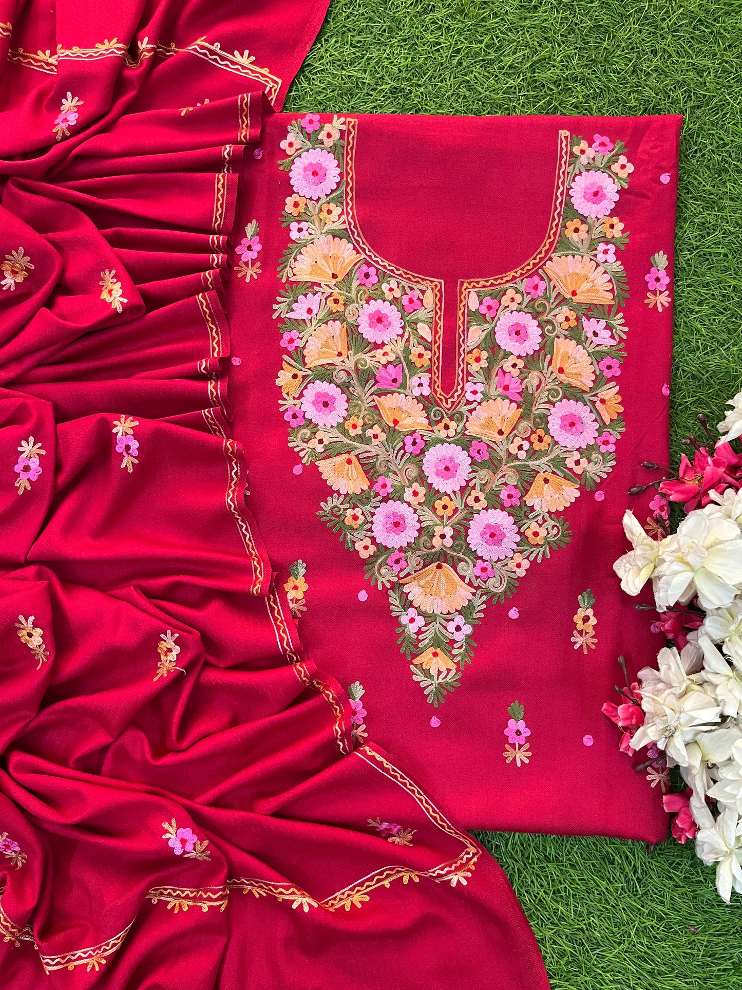 Red Woollen Aari Embroidered 3pc suit