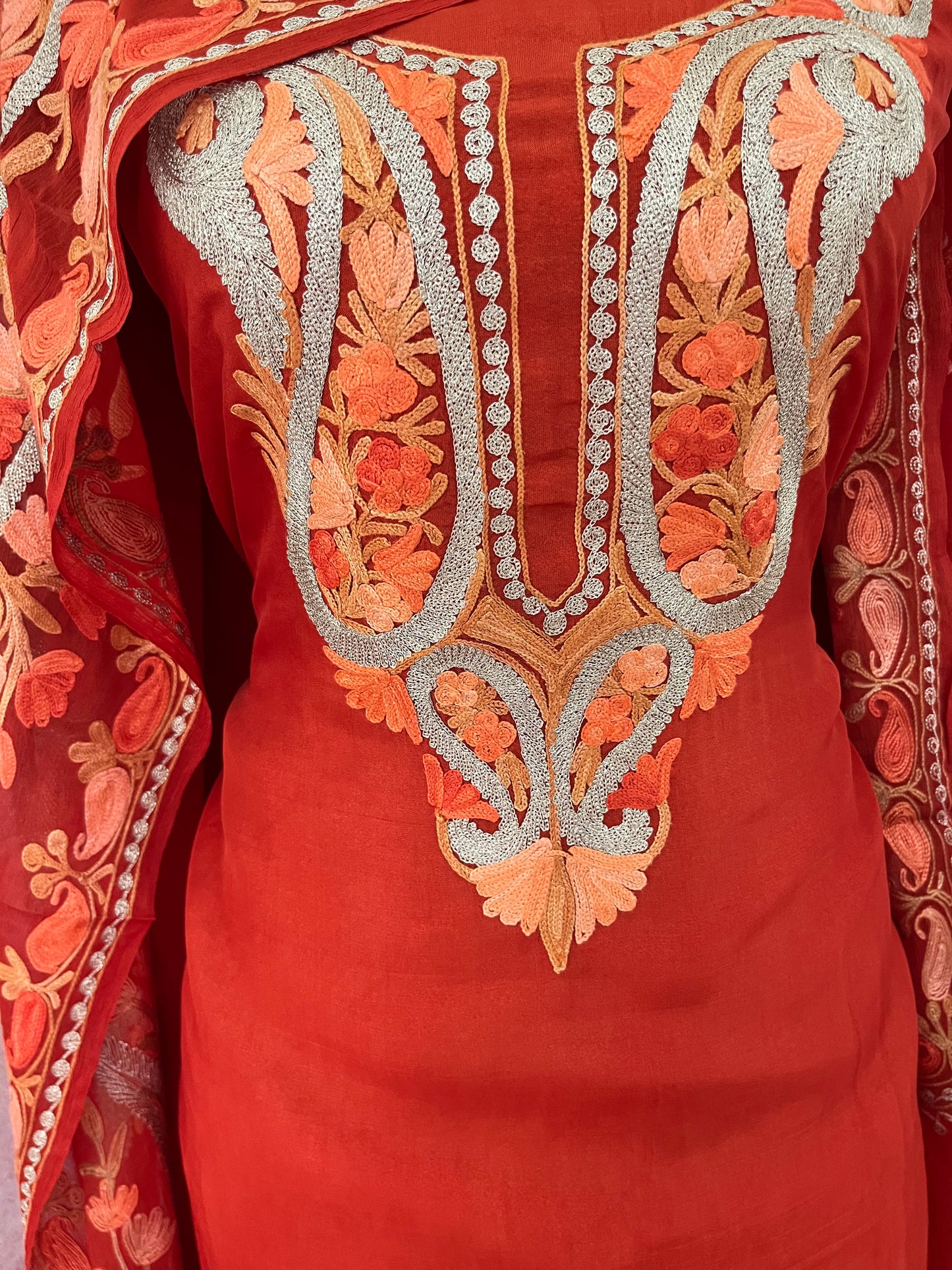 Rust Orange Opada Silk Kashmiri Suits