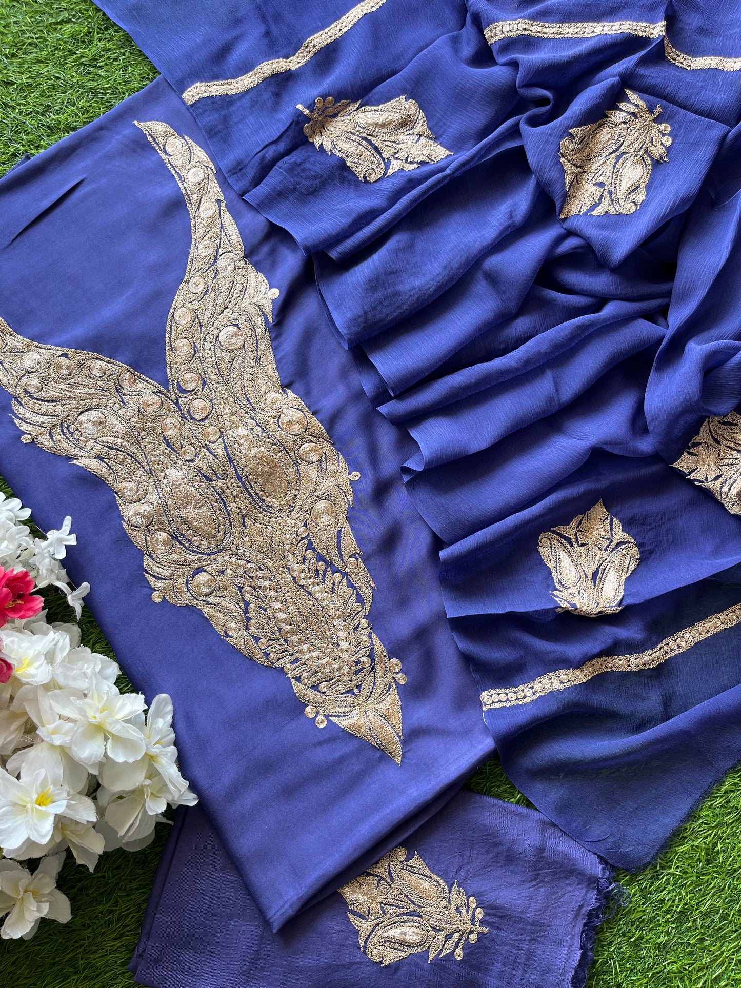 ‘Kalaa’ Blue Muslin Silk Tilla Embroidered Suit material