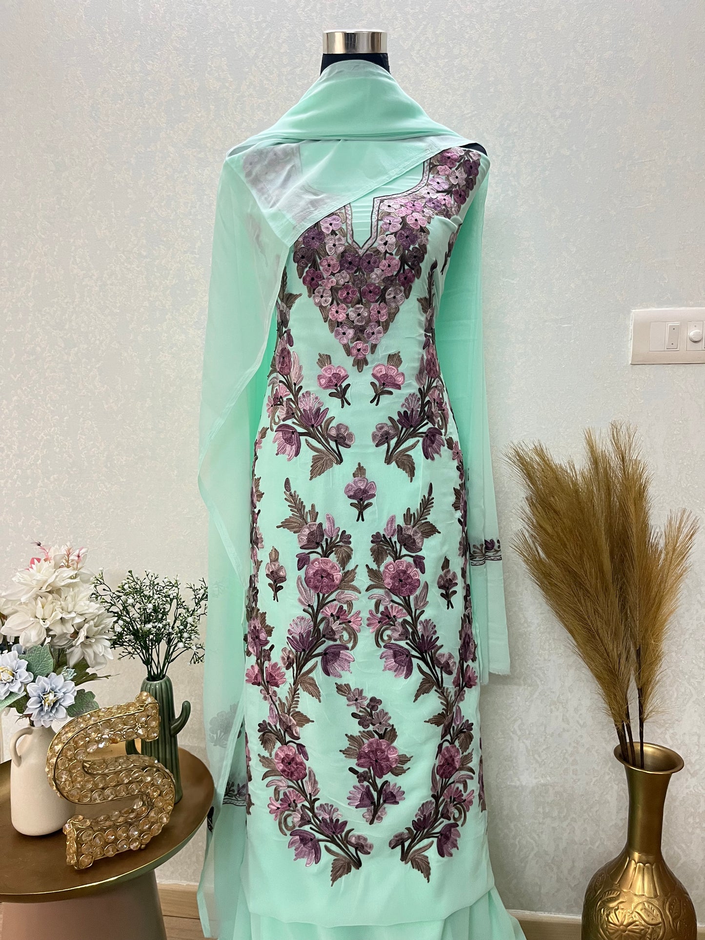 Green Georgette 3 Pc Kashmiri Suit