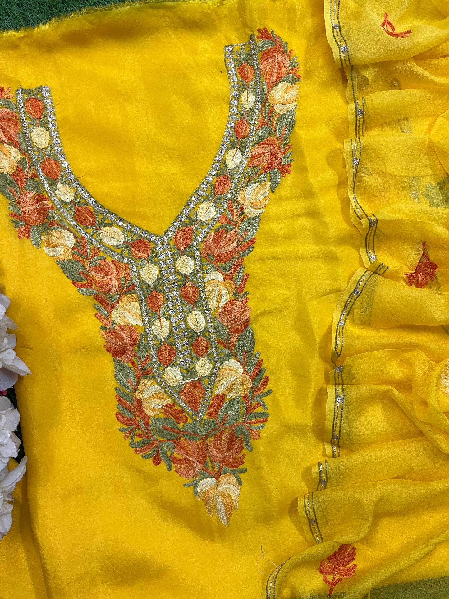 Yellow  Opada Silk Aari Embroidered Suit material