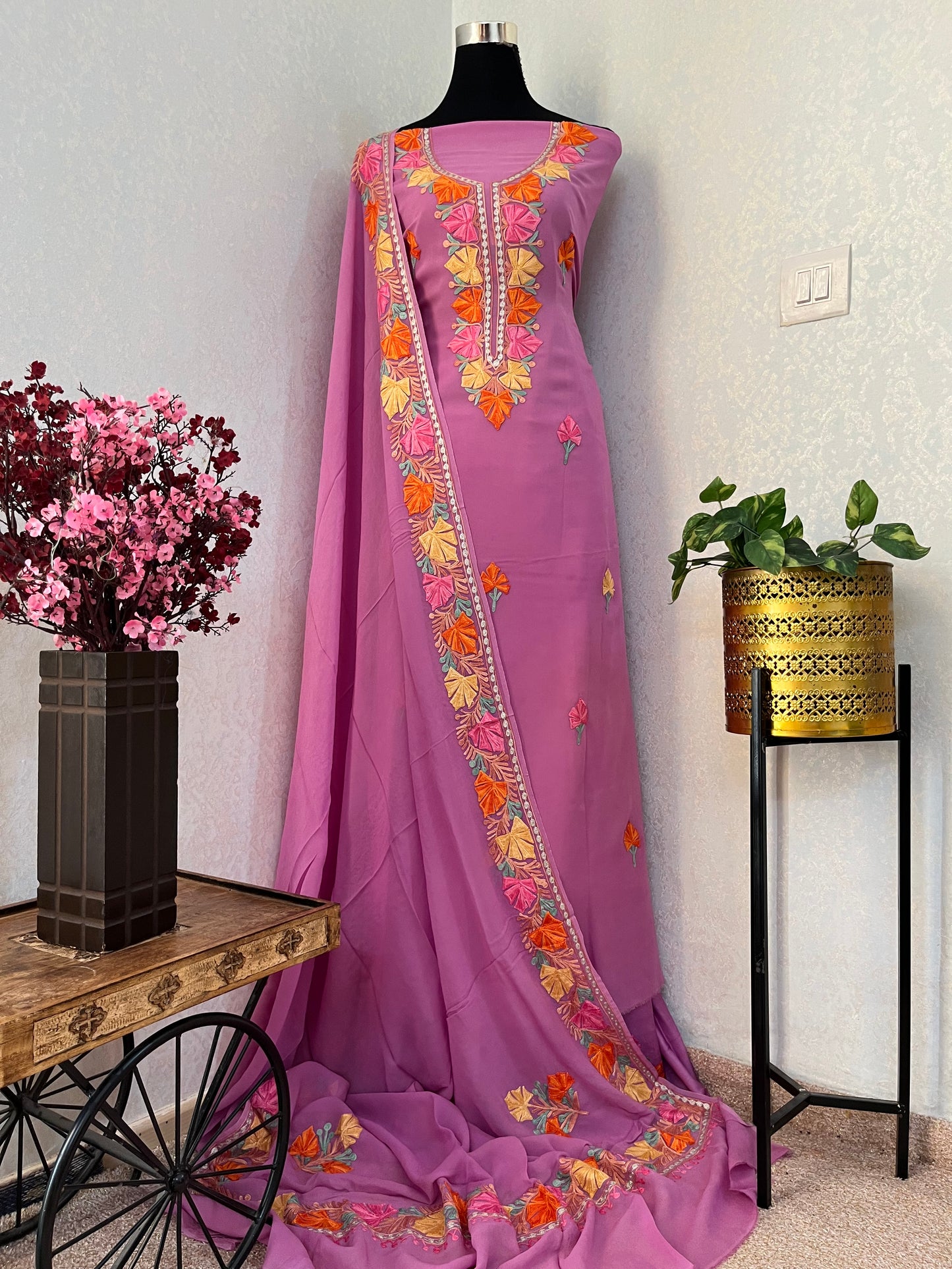 Lilac Pure Georgette Aari Embroidered Suit
