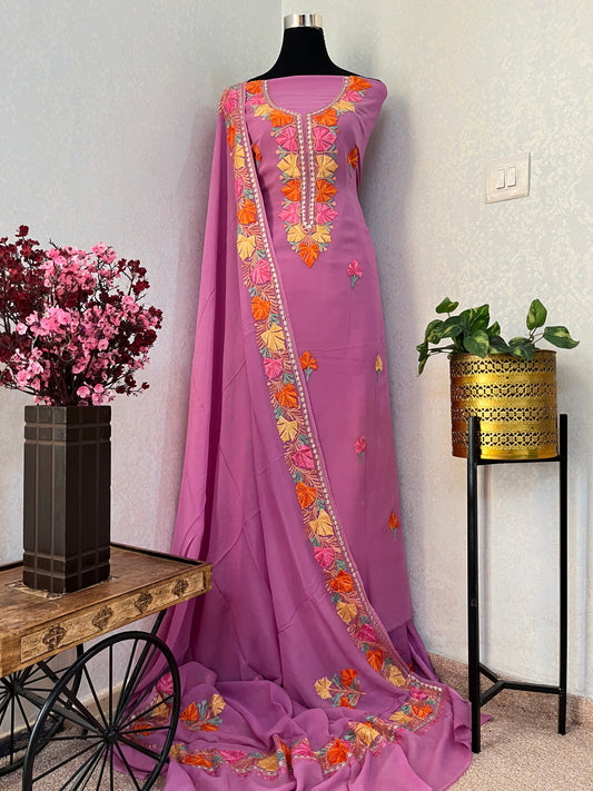 Lilac Pure Georgette Aari Embroidered Suit