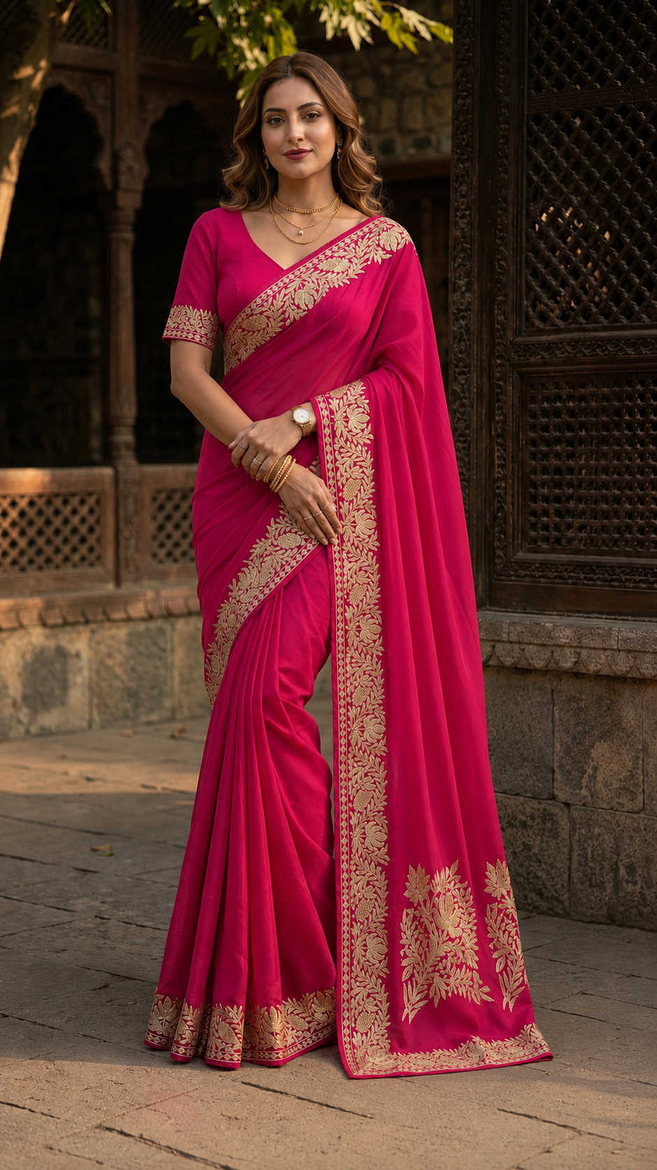 Pink Crape Kashmiri Tilla Saree