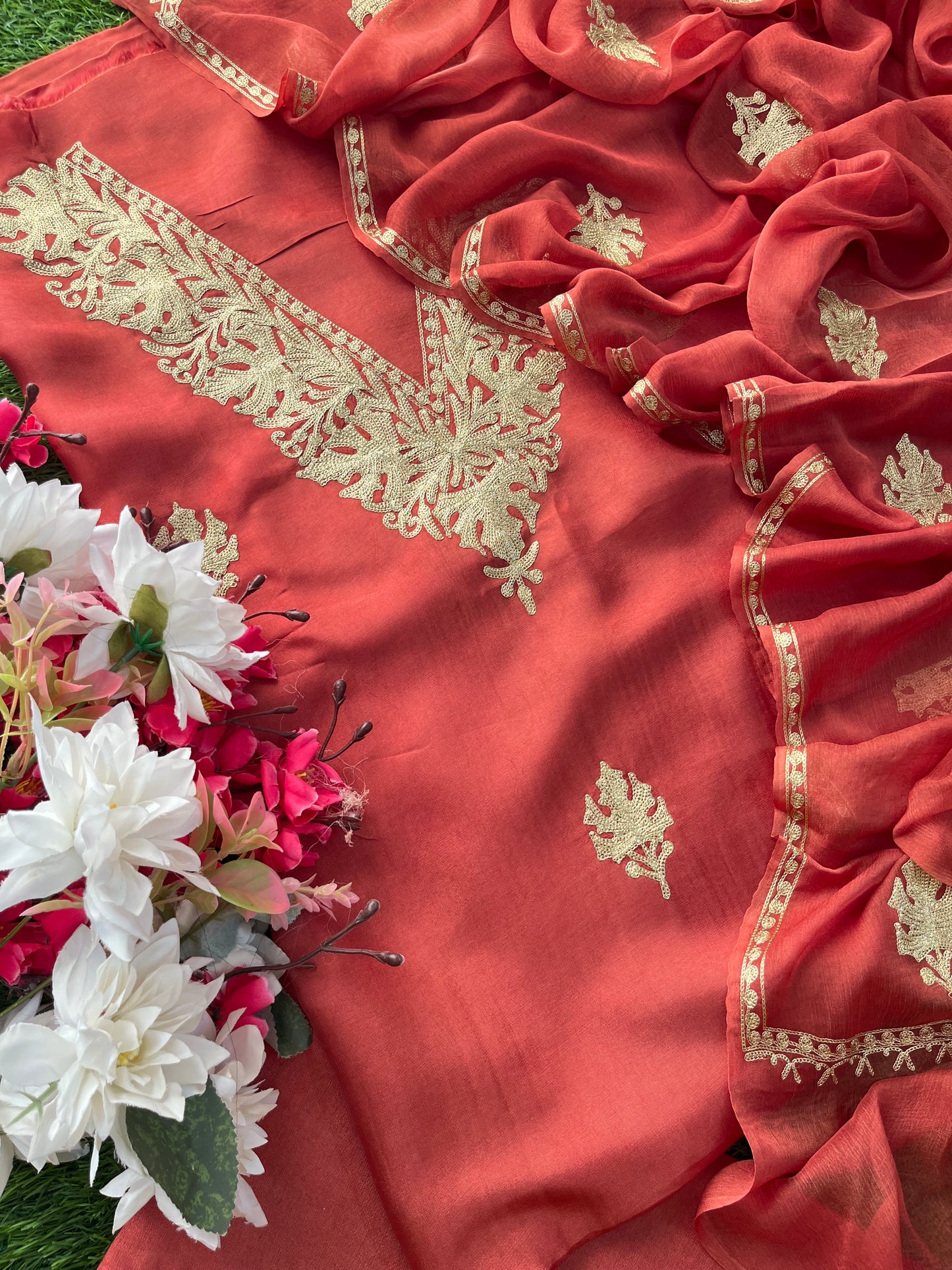 Blush Red Silk Tilla Kashmiri Suit