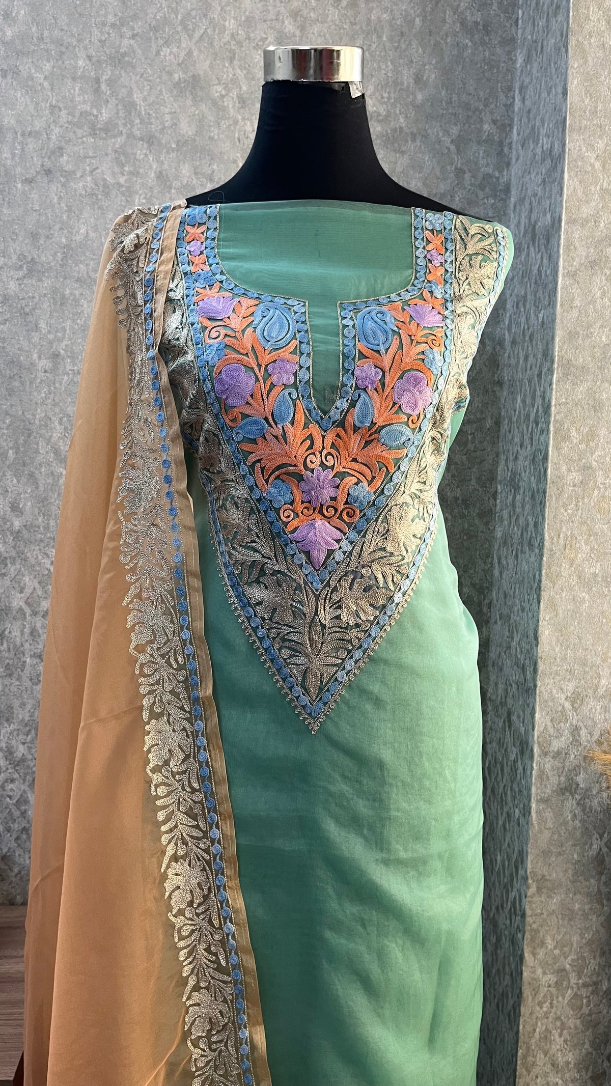Soft Green Tissue Kashmiri Suit
