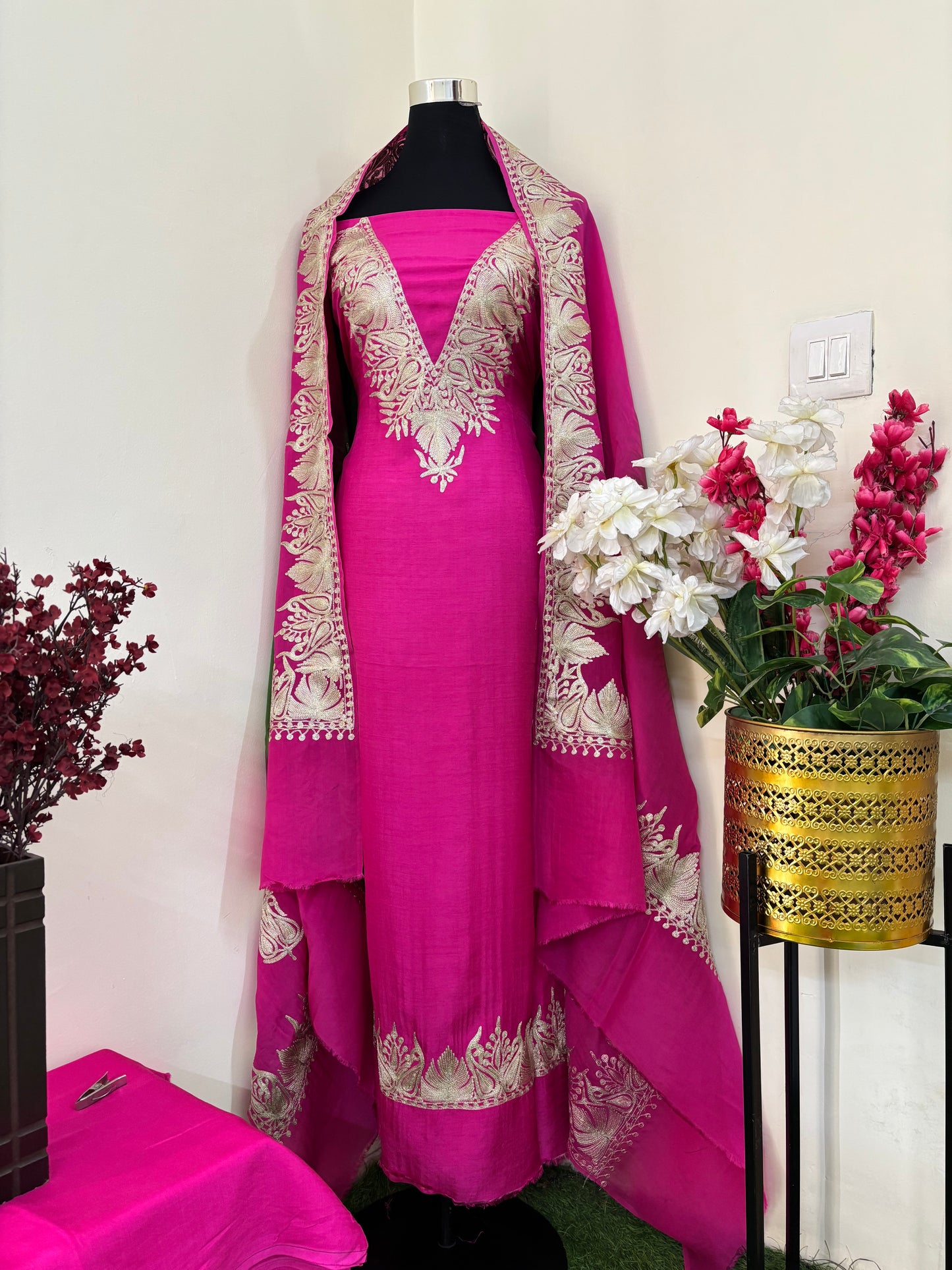 Sanam Hot Pink Silk Kashmiri Suit