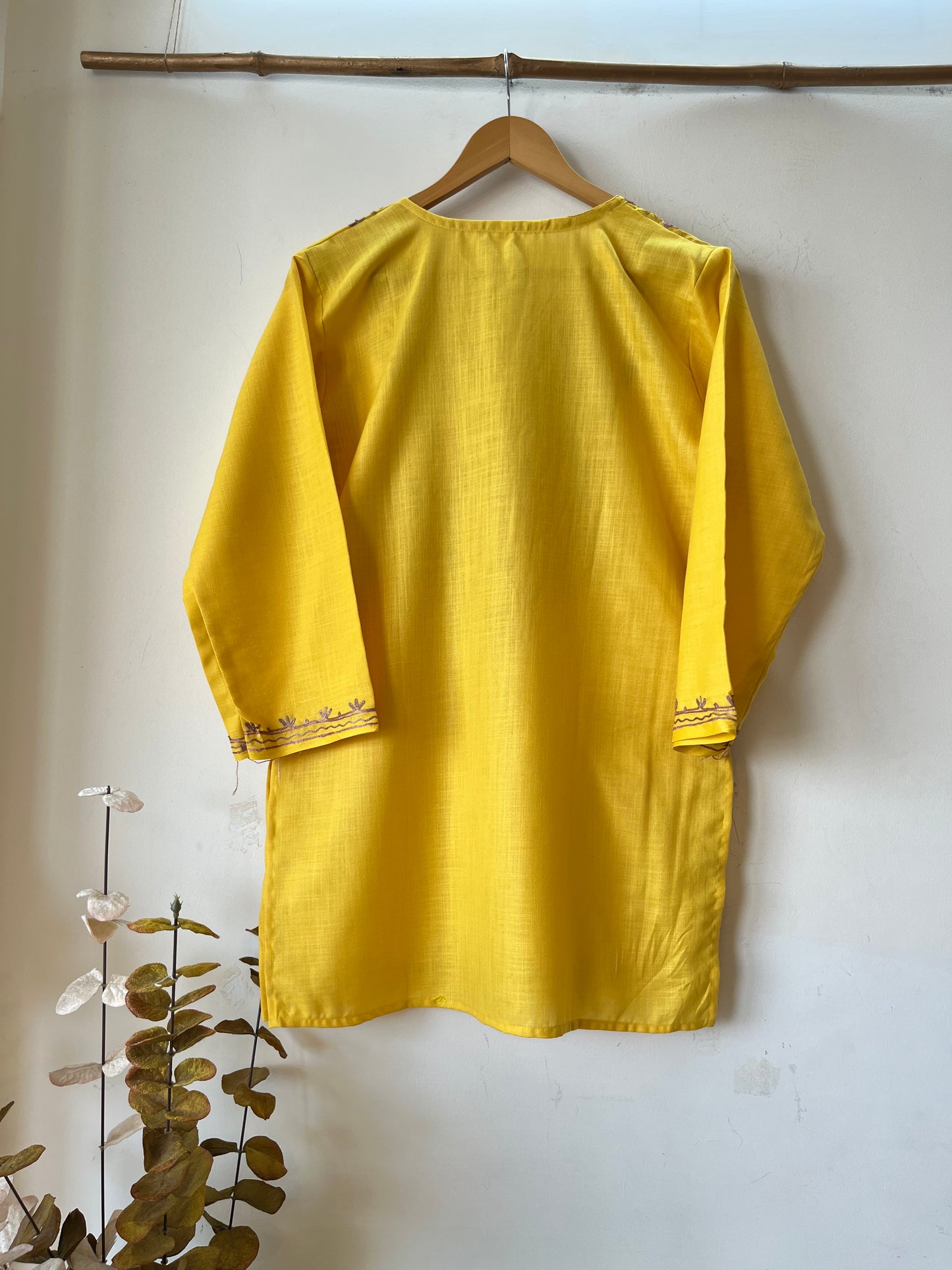 Yellow Cotton Aari Work Kurta