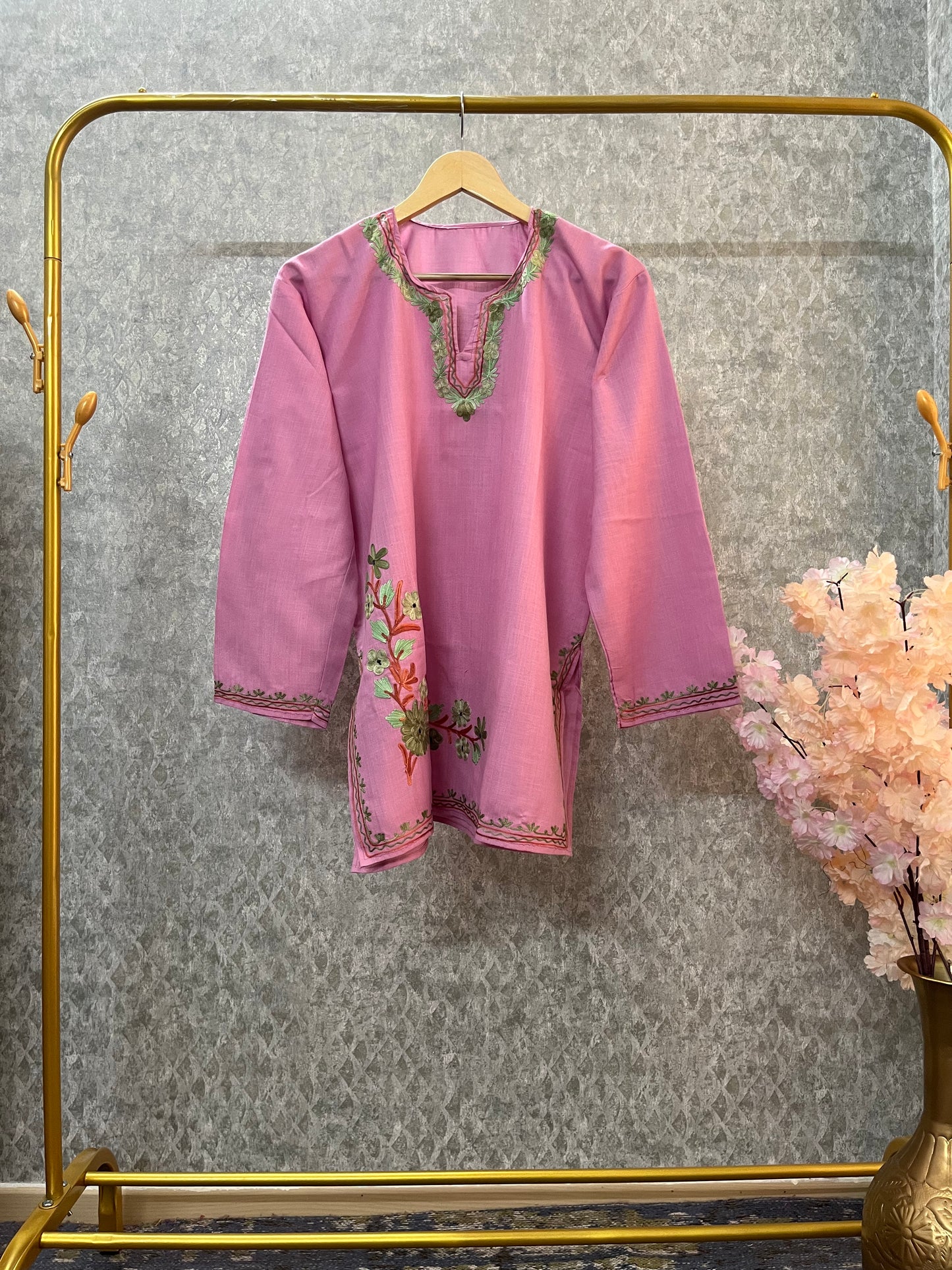 Pink Cotton Aari Work Kurti