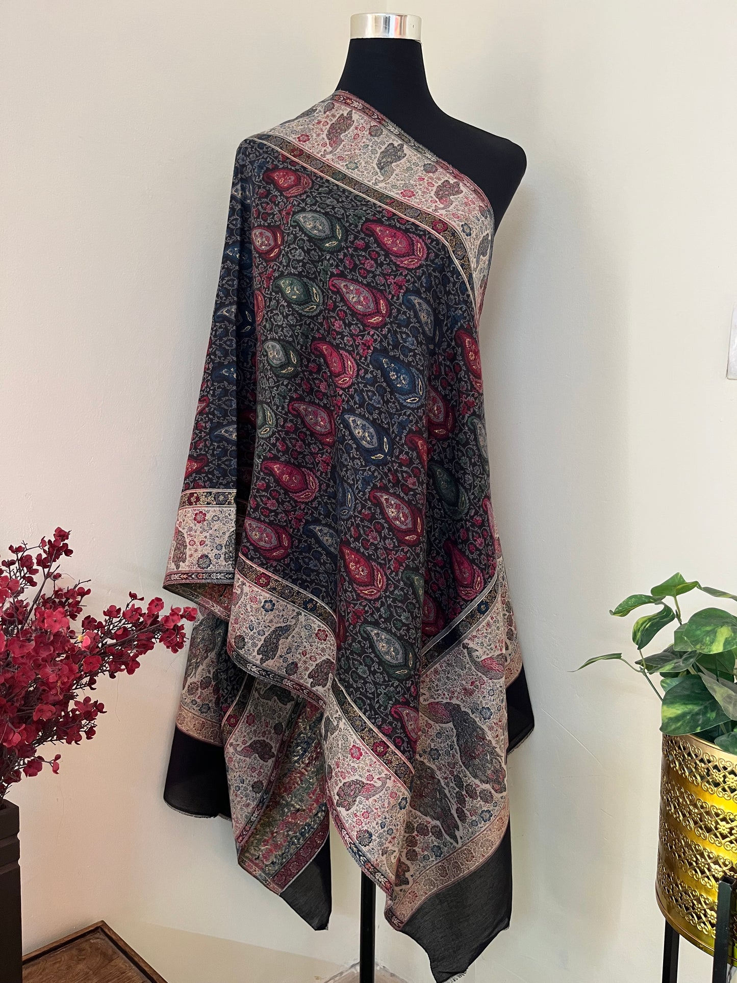 Black Peacock Kani Fine Semi Pashmina stole