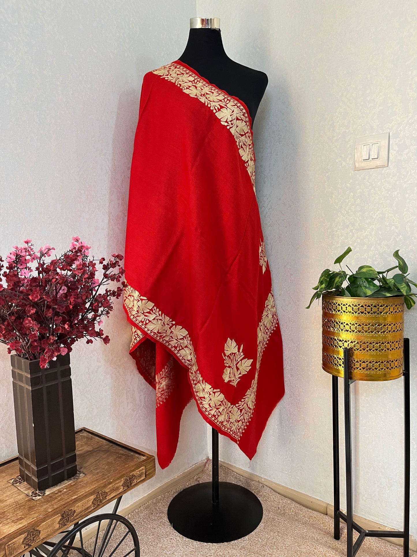 Red Semi Pashmina Tilla Embroidered stole