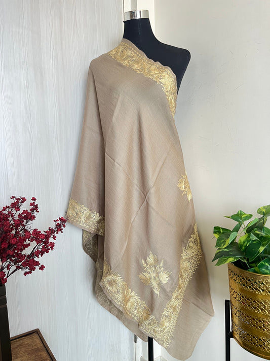 Beige Fine Semi Pashmina Tilla Embroidered stole