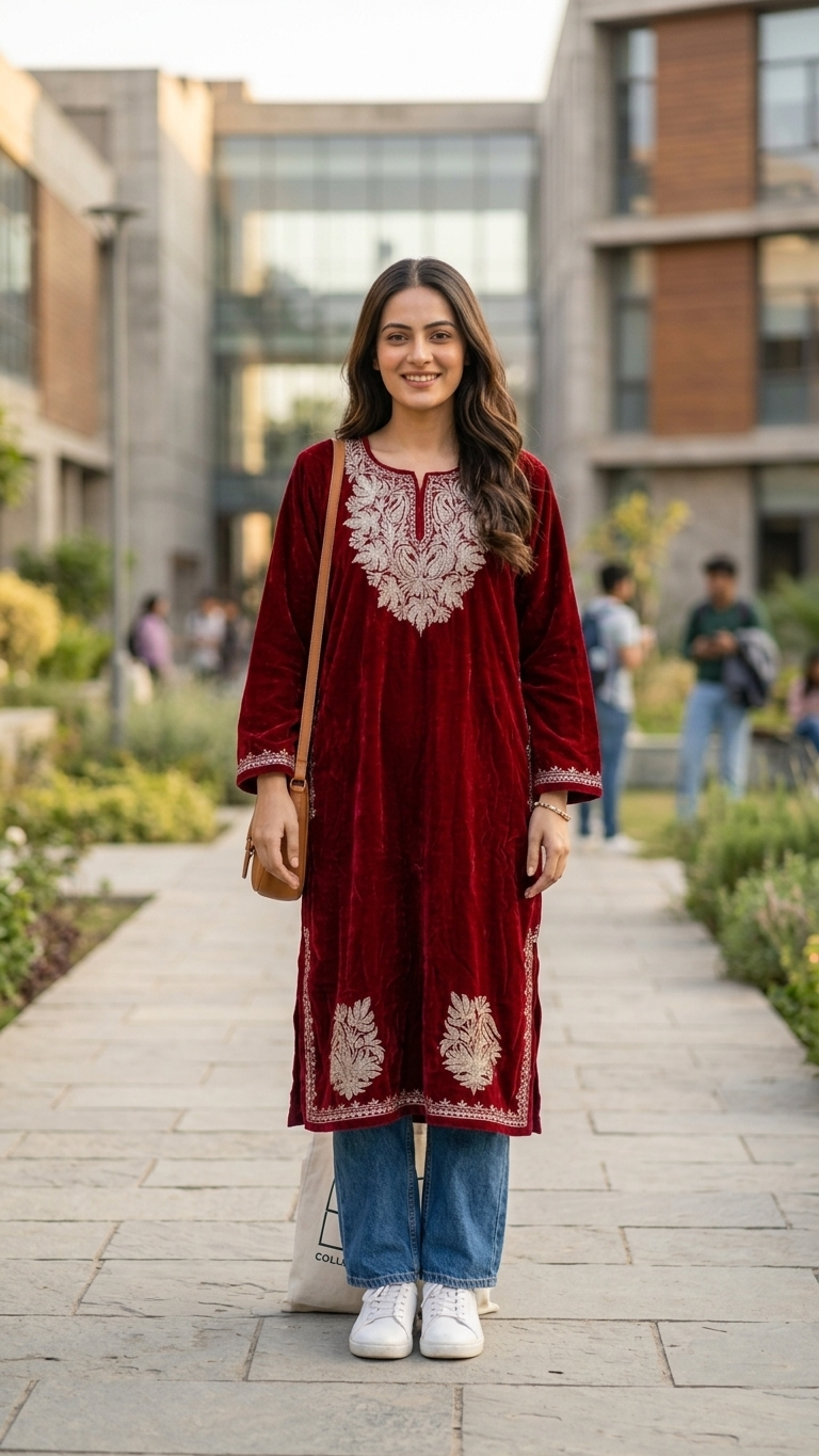 Maroon Tilla Embroidered Velvet Pheran