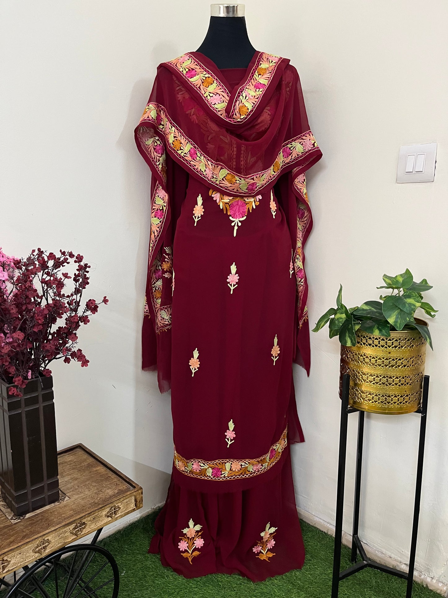 Maroon Georgette 3 Pc Aari Embroidered Suit Set