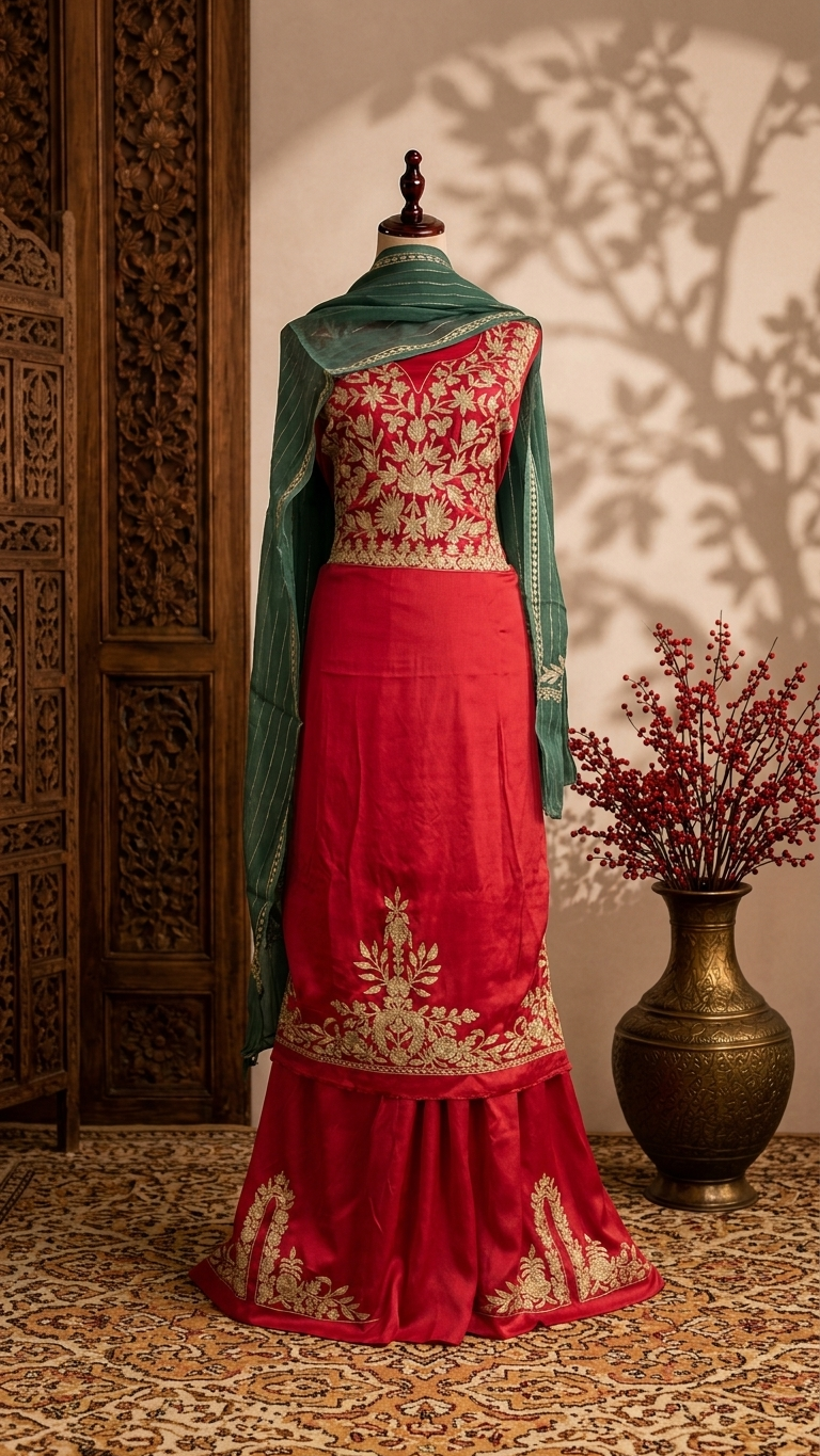 Red Satin Cotton Kashmiri Suit