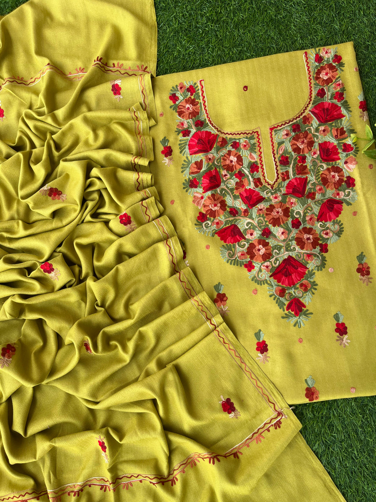Lime Green Woollen Aari Embroidered 3pc suit