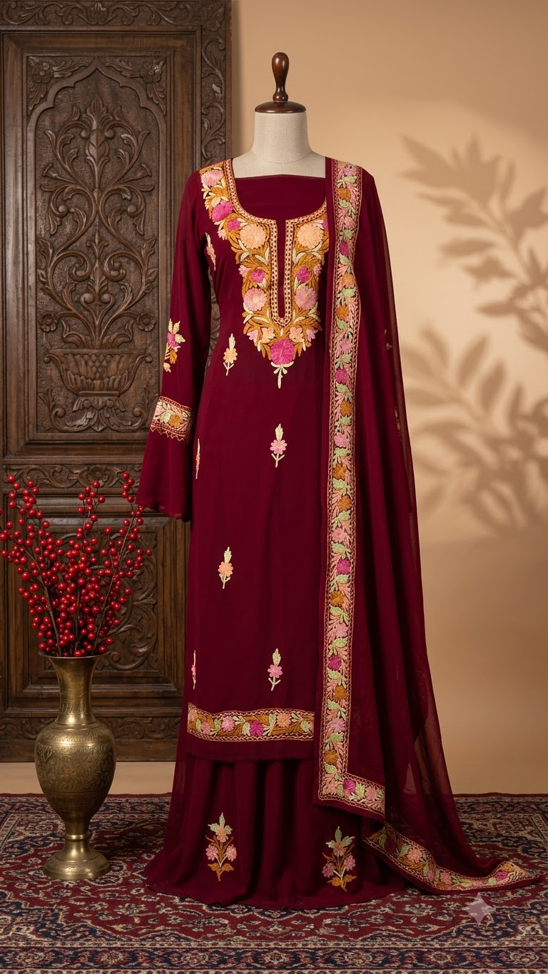 Maroon Georgette 3 Pc Aari Embroidered Suit Set