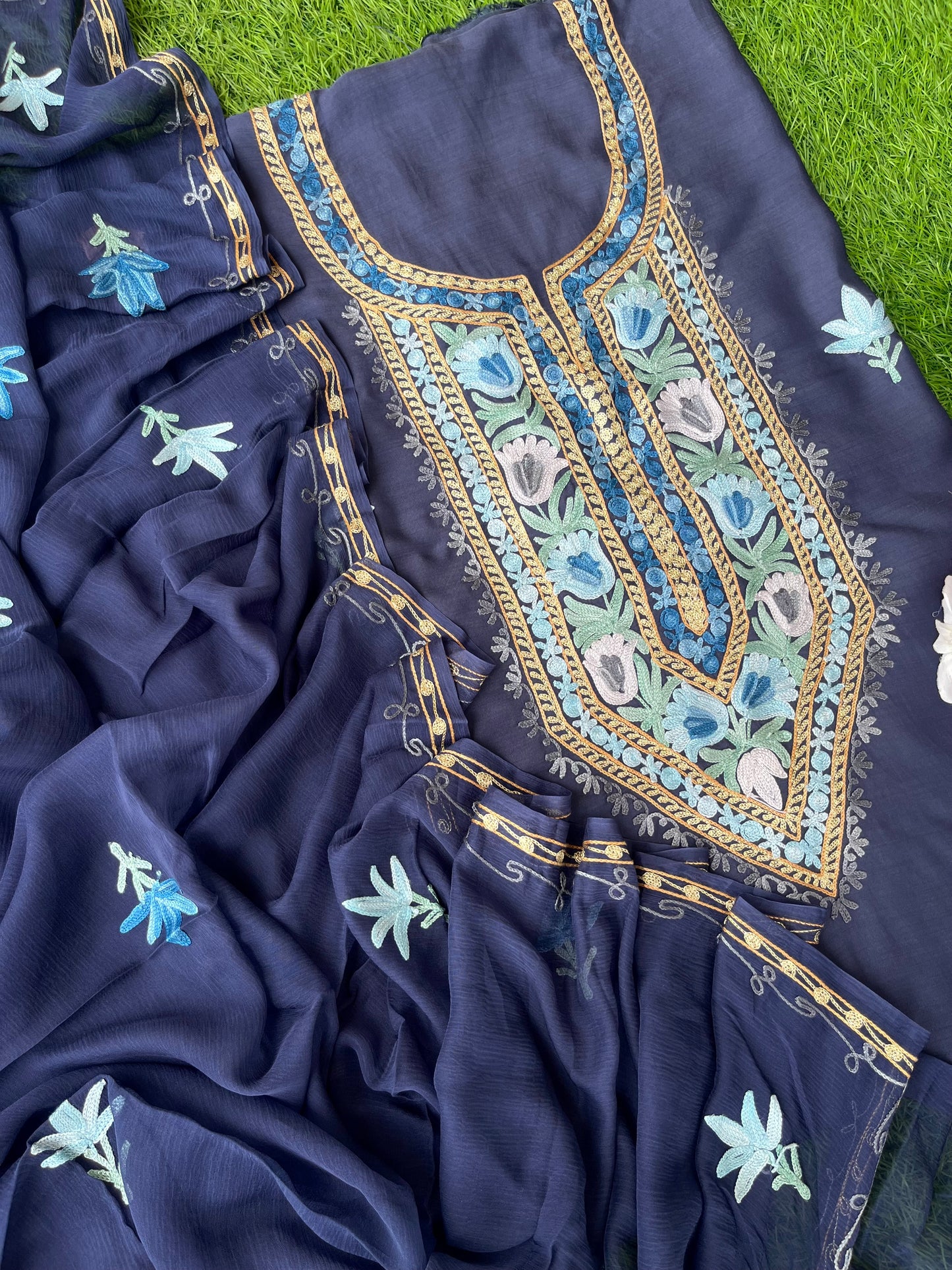 Royal Blue Muslin Cotton Aari Embroidered 3pc set