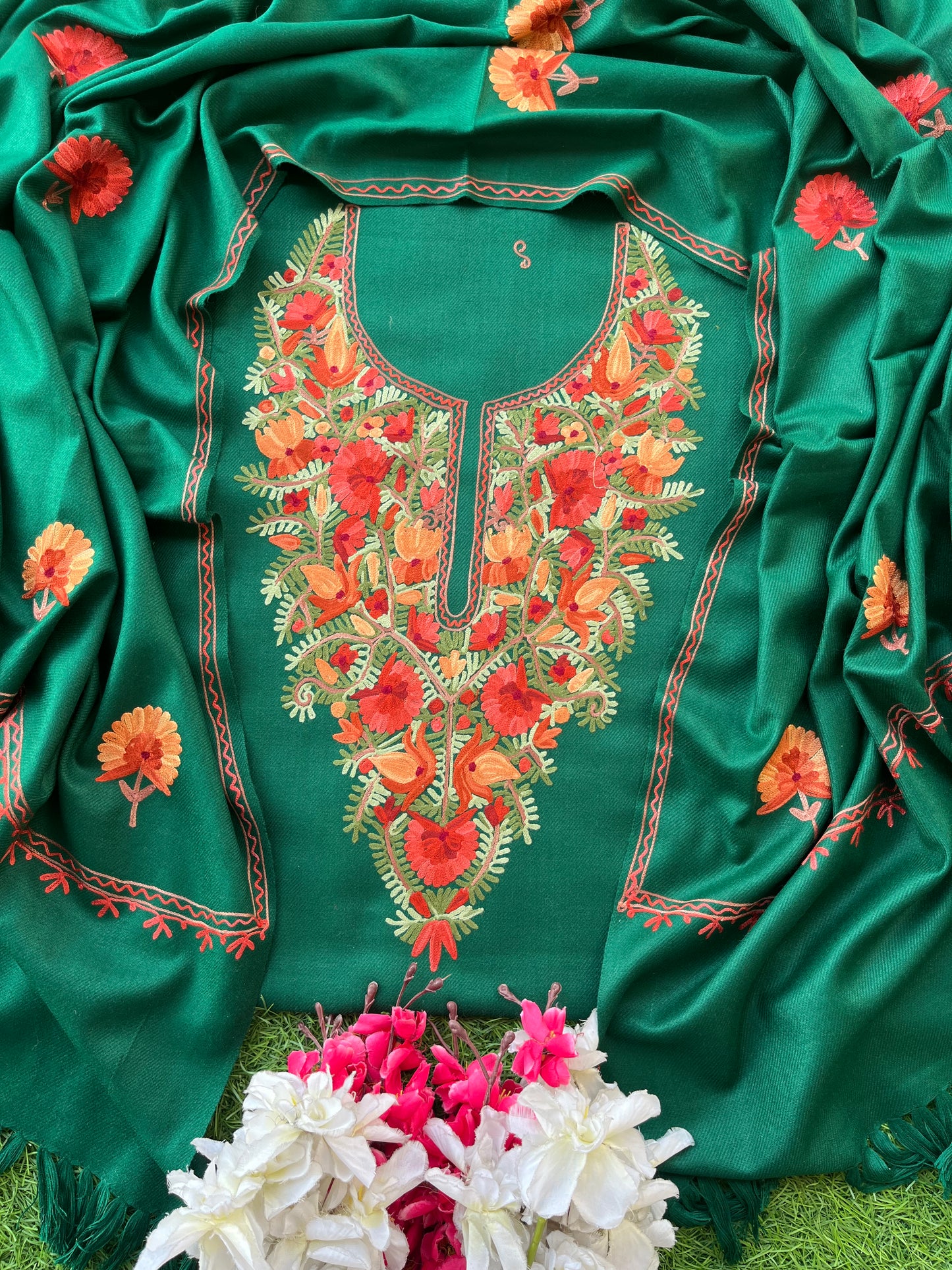 Bottle Green Woollen Aari Embroidered 3pc suit