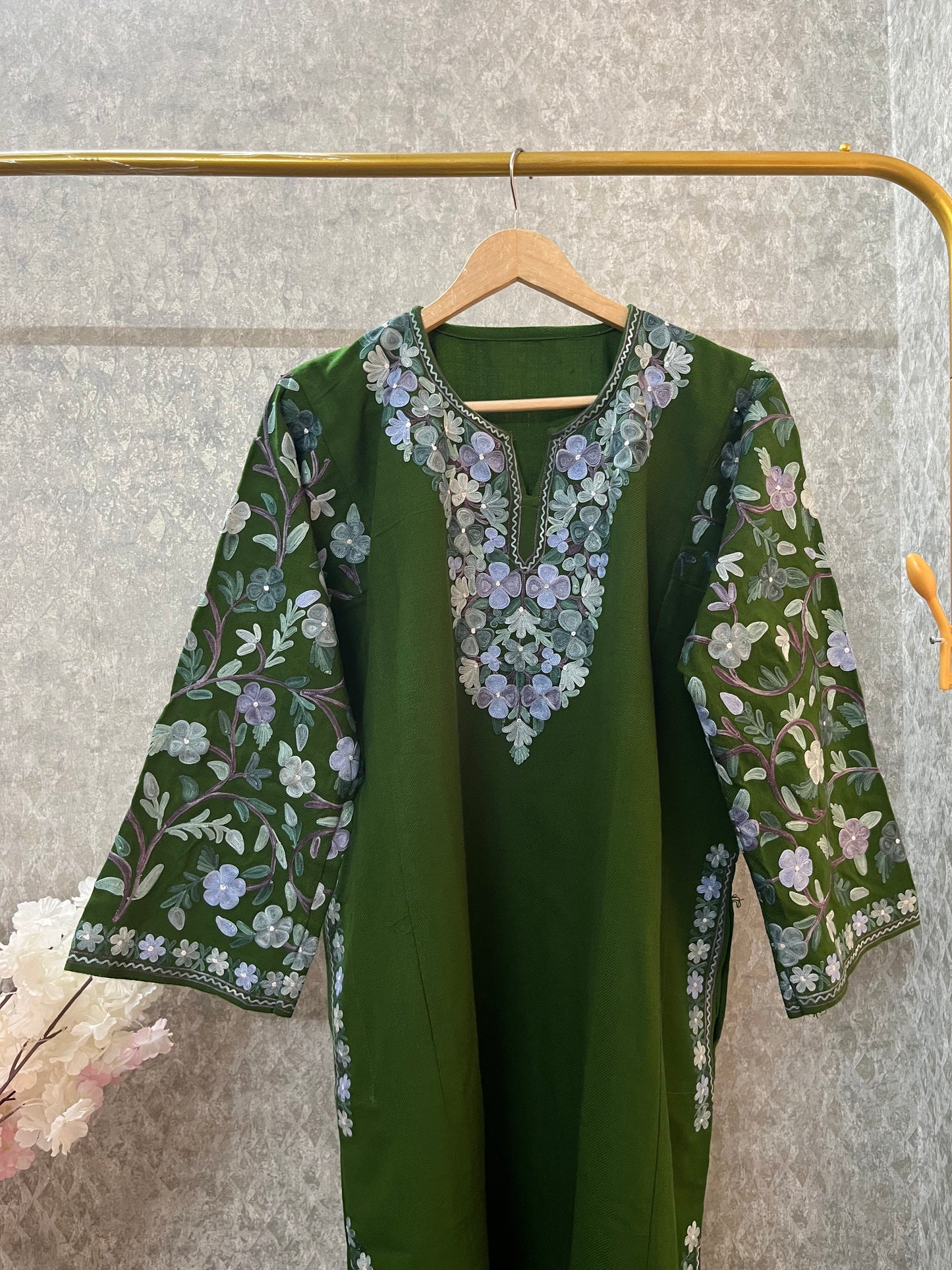 Henna Green Aari Embroidered Wool Pheran