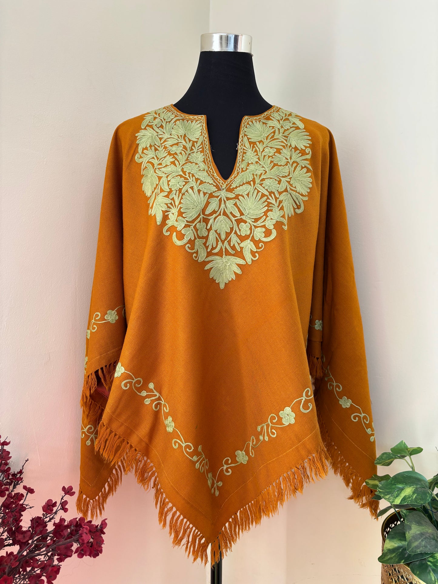 Mustard Orange Aari Embroidered Wool Poncho