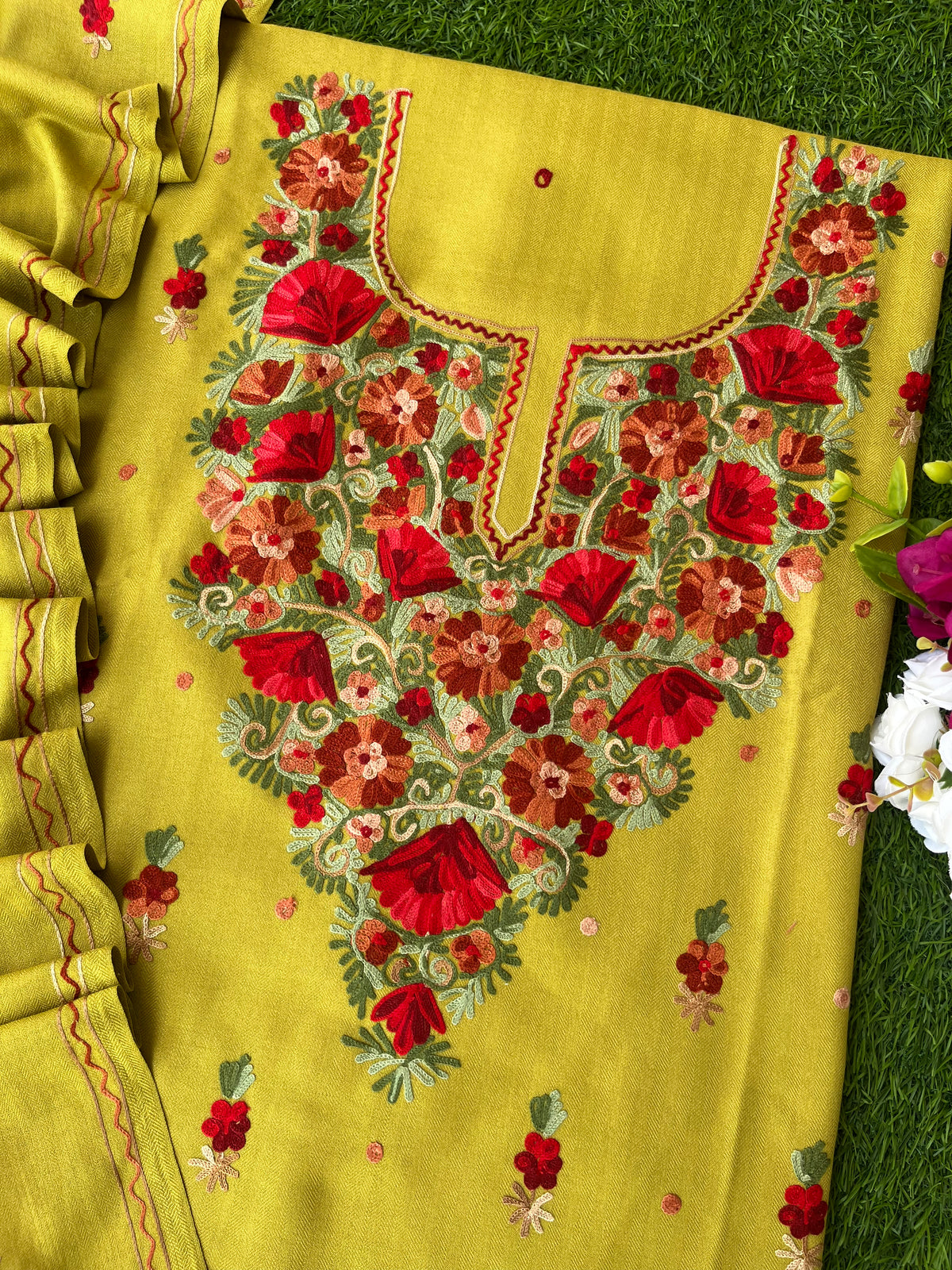 Lime Green Woollen Aari Embroidered 3pc suit