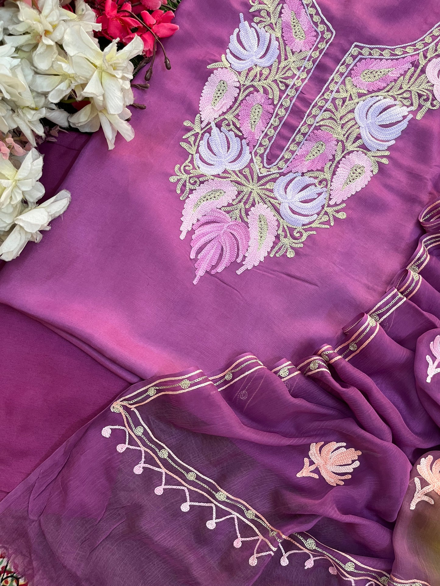 Soft Purple Opada Silk Kashmiri Suit