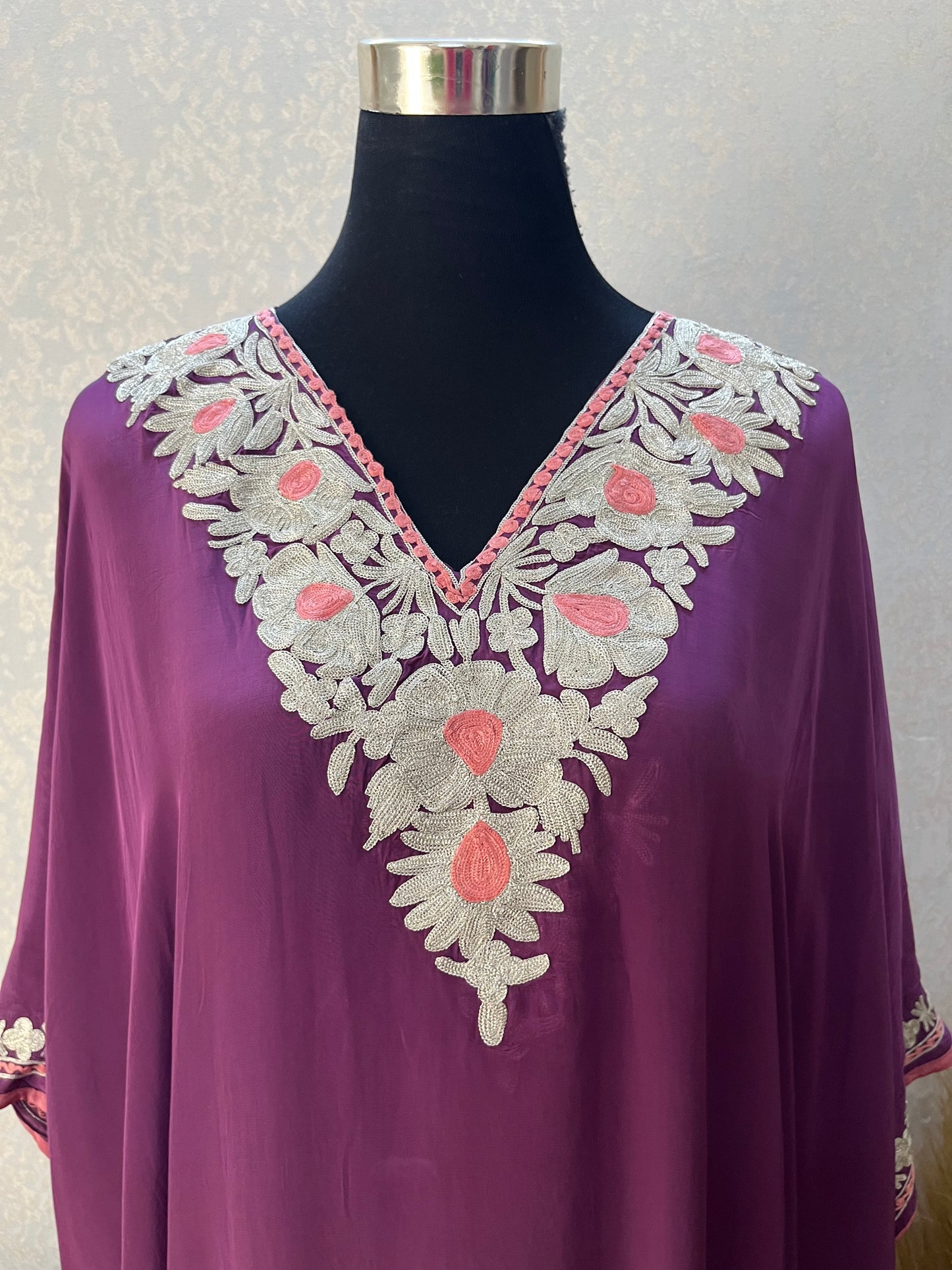 Wine Crape Kashmiri Kaftan Set size