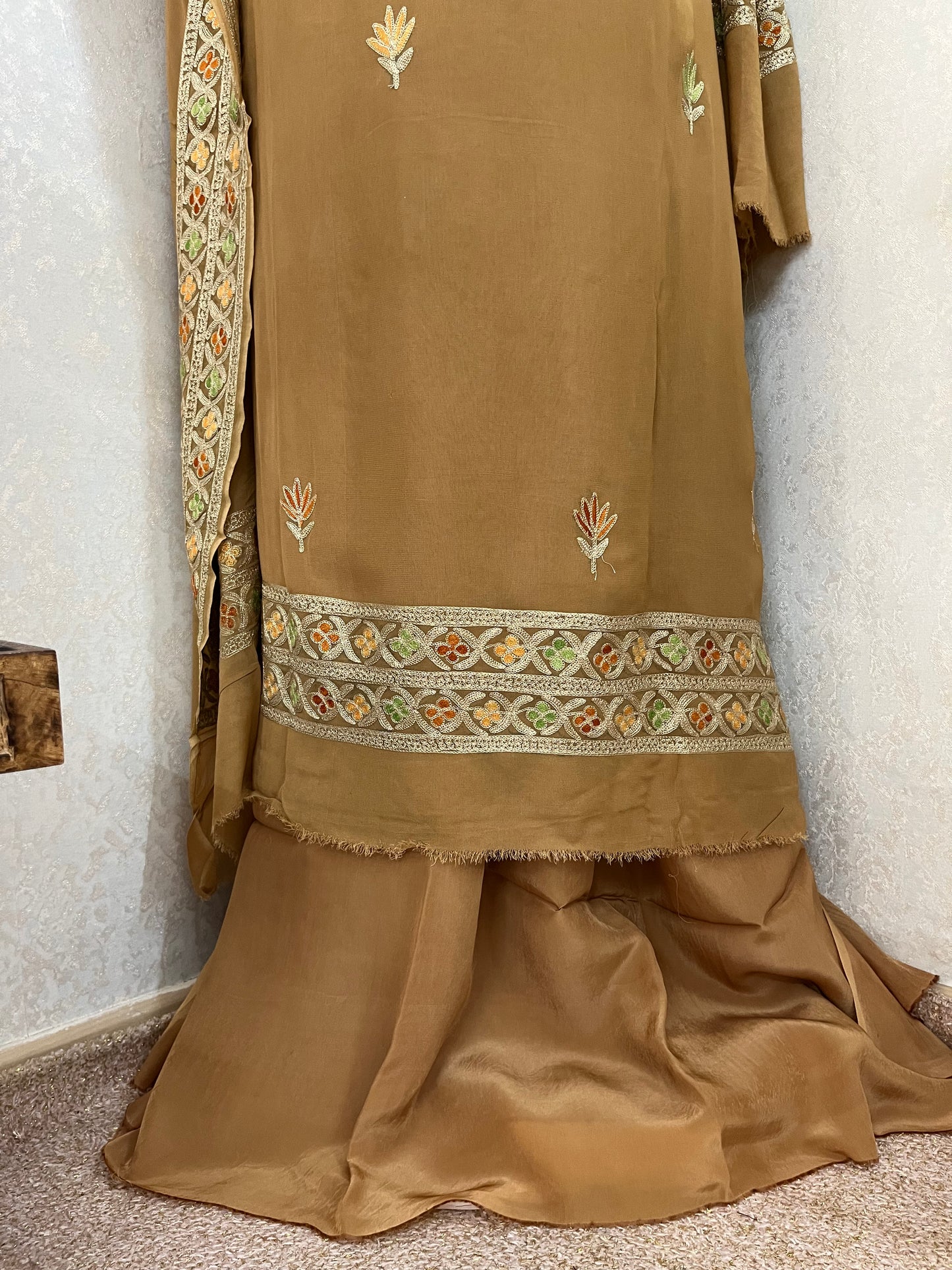 Golden Pure Georgette 3Pc Kashmiri Embroidered Suit