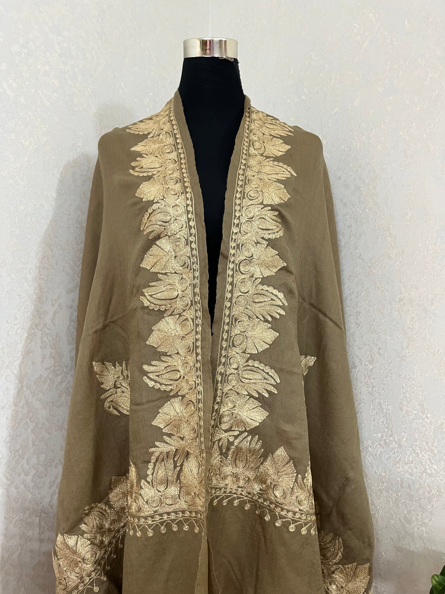 Beige Semi Pashmina Tilla Embroidered stole