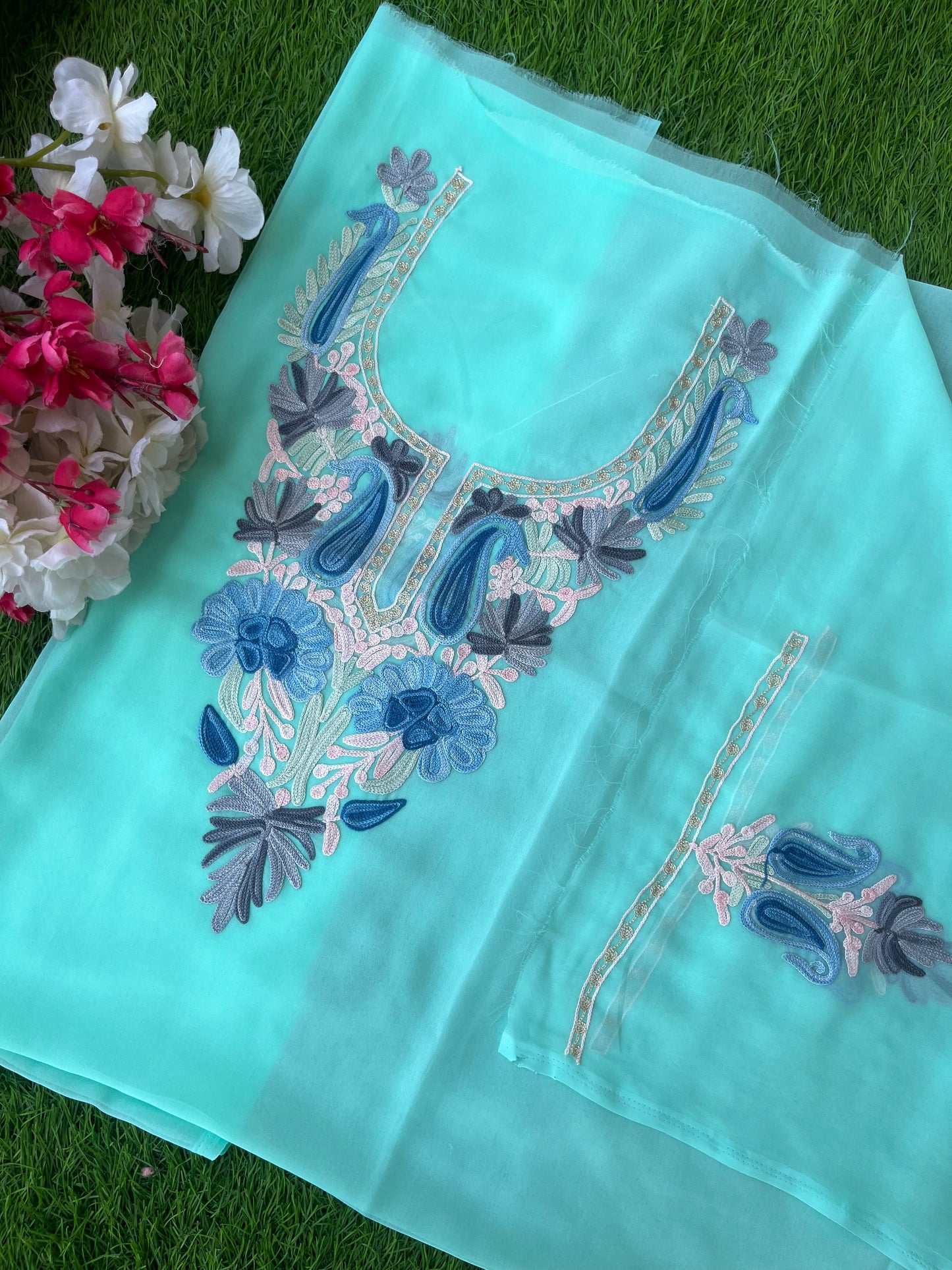 Sky Blue Georgette Aari Embroidered Unstitched Kurta Material