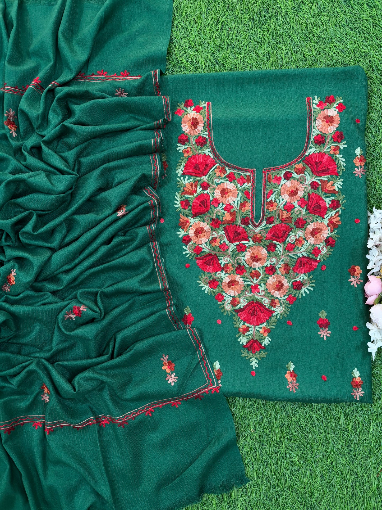 Bottle Green Woollen Aari Embroidered 3pc suit