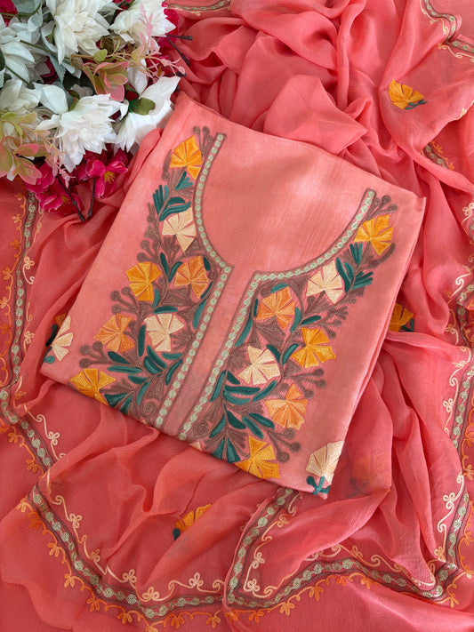 Peach Opada Silk Kashmiri Suit