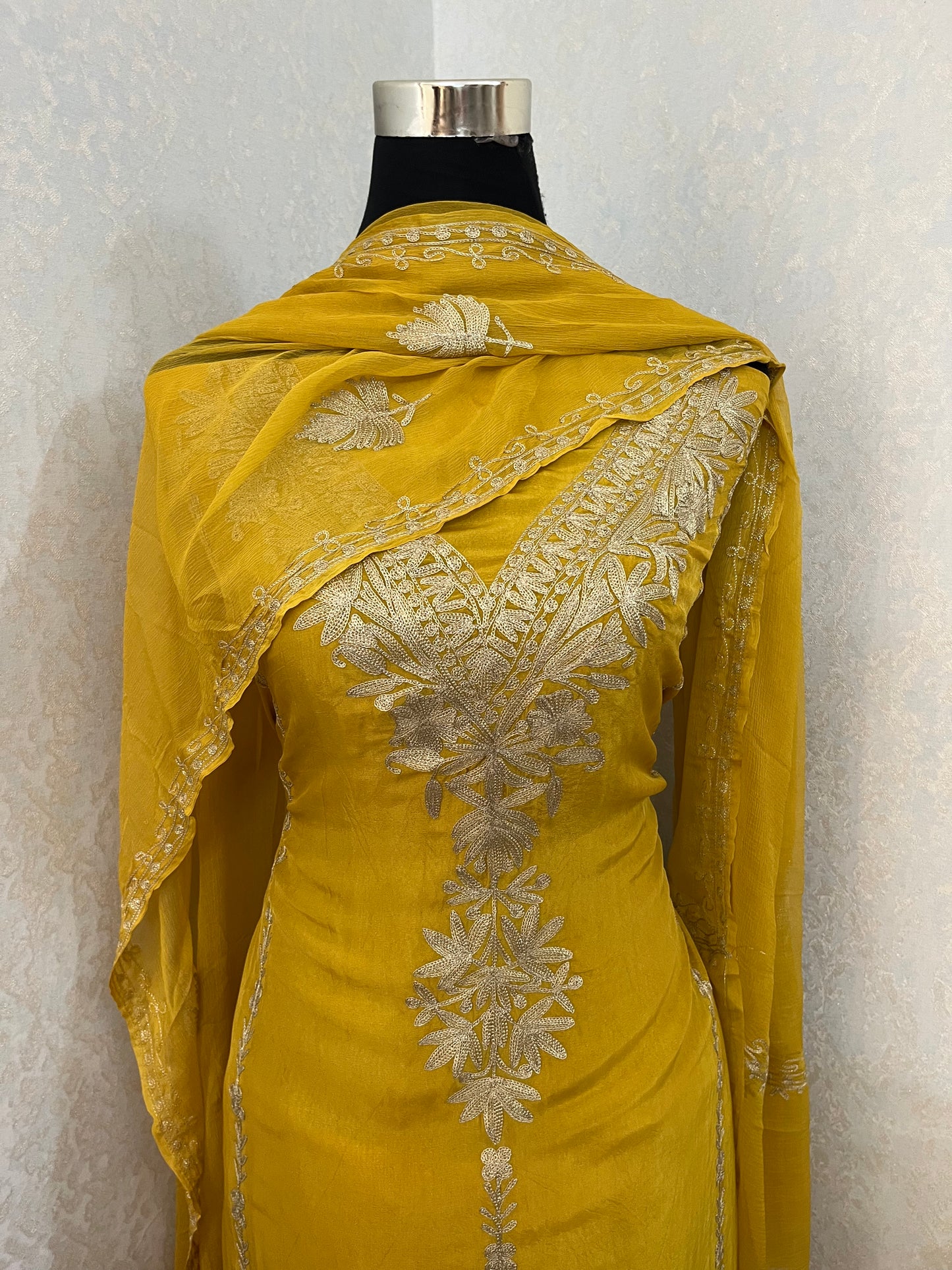 Golden Yellow Tilla Kashmiri Silk Suit