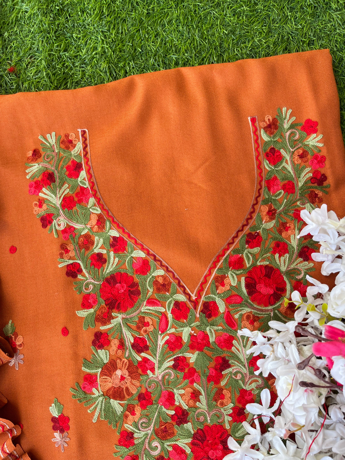 Orange Woollen Aari Embroidered 3pc suit
