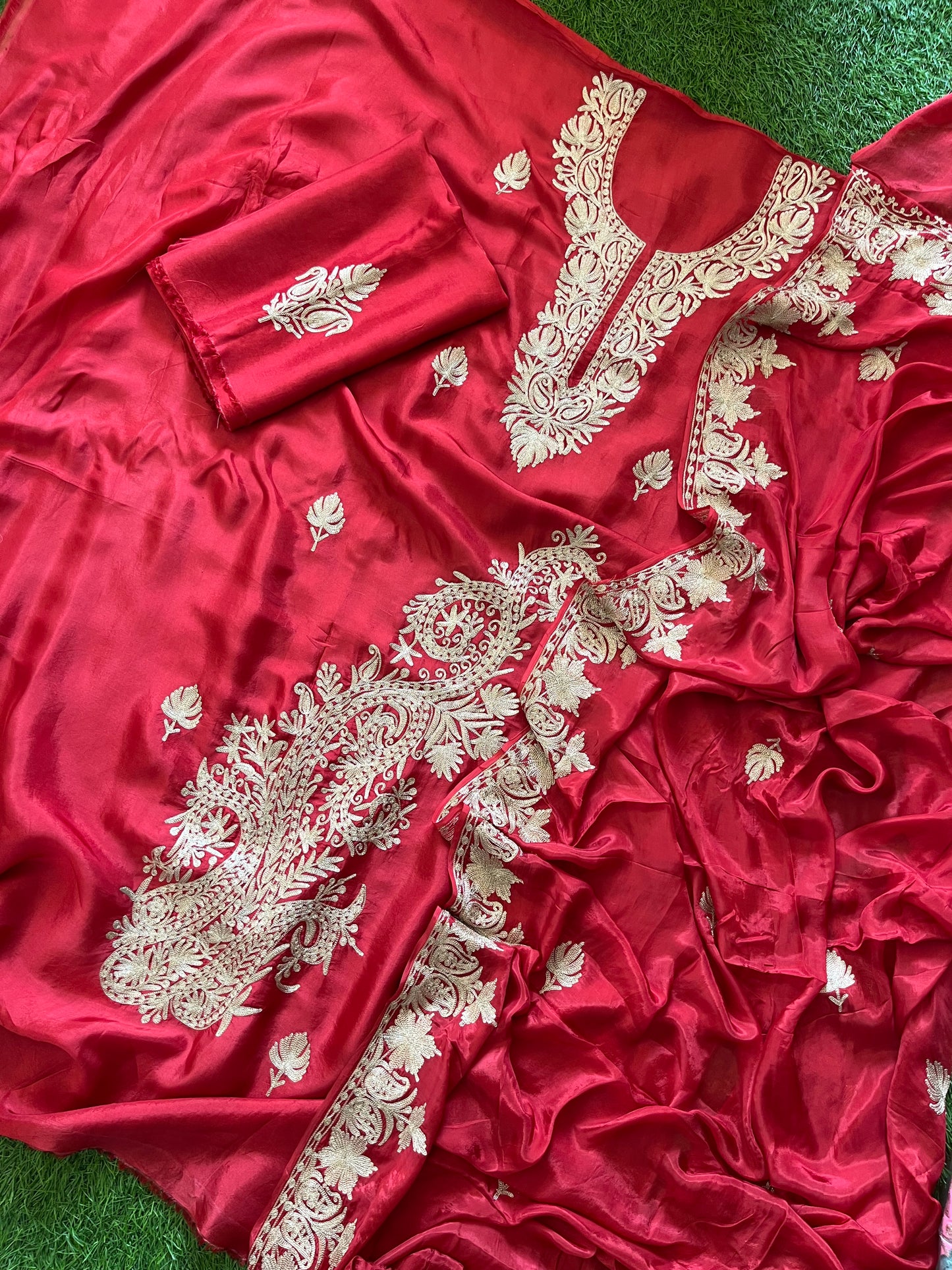 Red Silk Tilla Embroidered Suit material