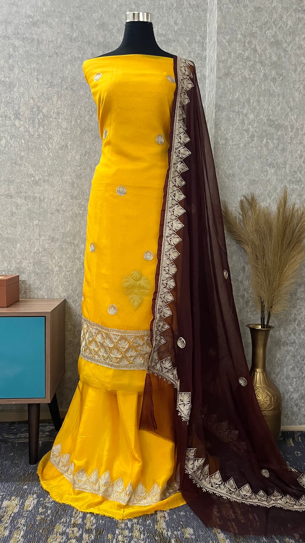 Yellow Soft Tissue Kashmiri Suit