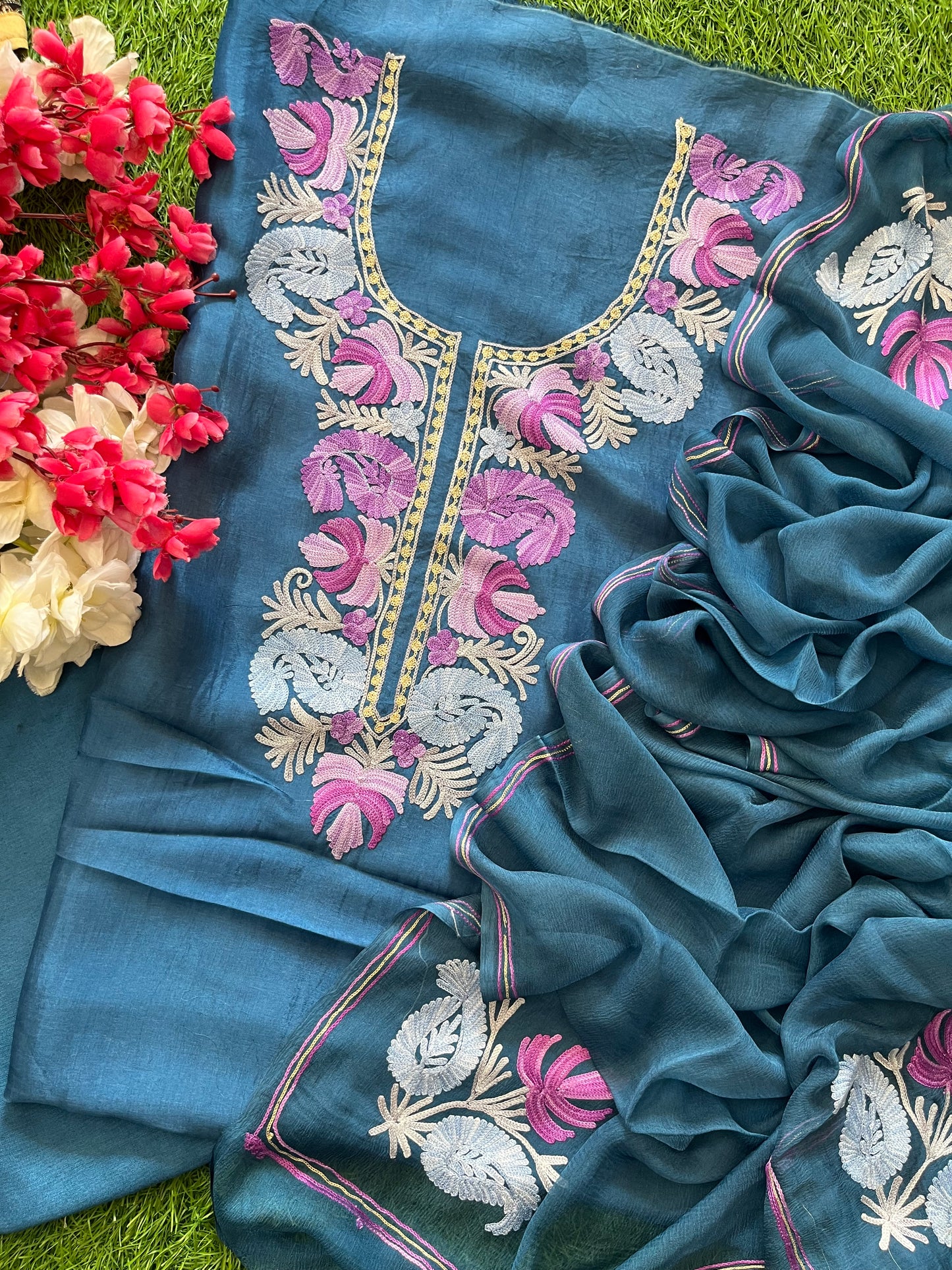 Blue Opada Silk Aari Embroidered Suit material